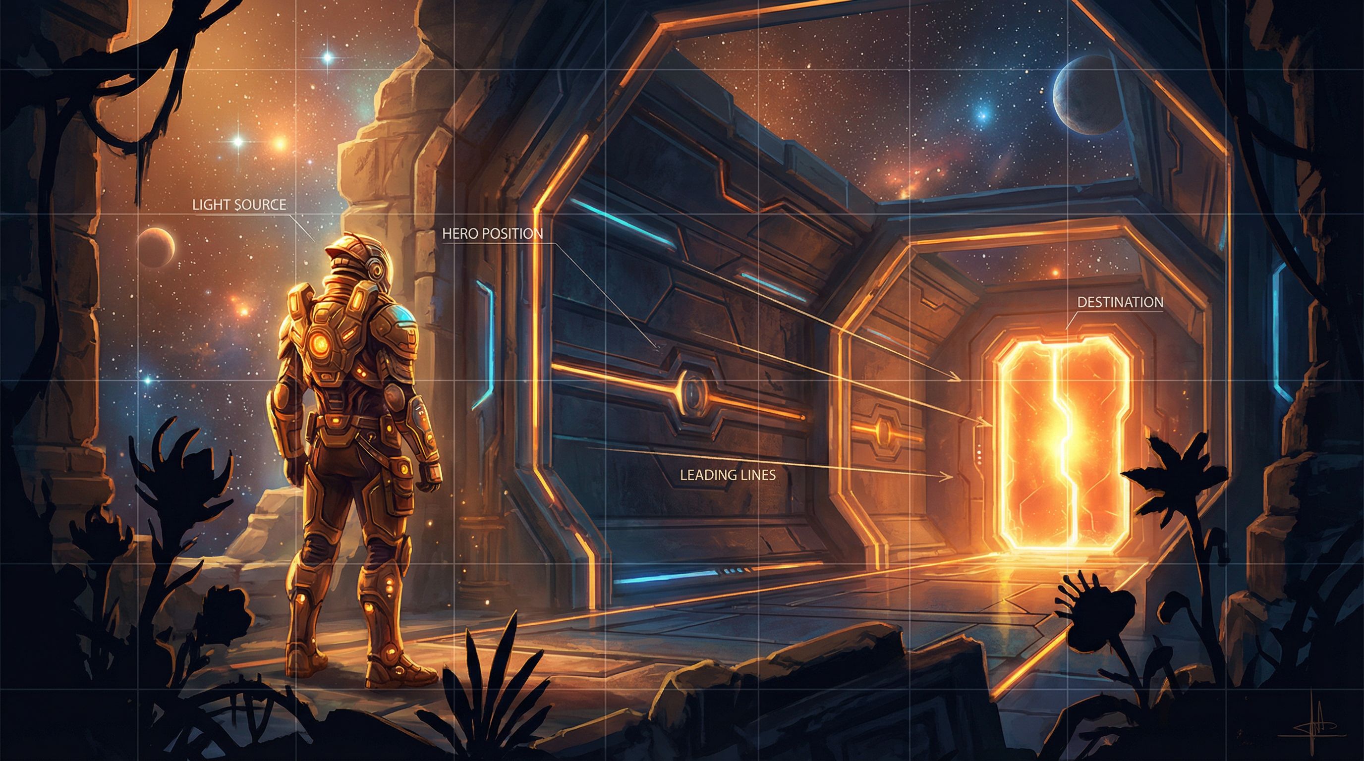 Cinematic composition breakdown of a sci-fi Questas scene, showing a hero in the midground on the le