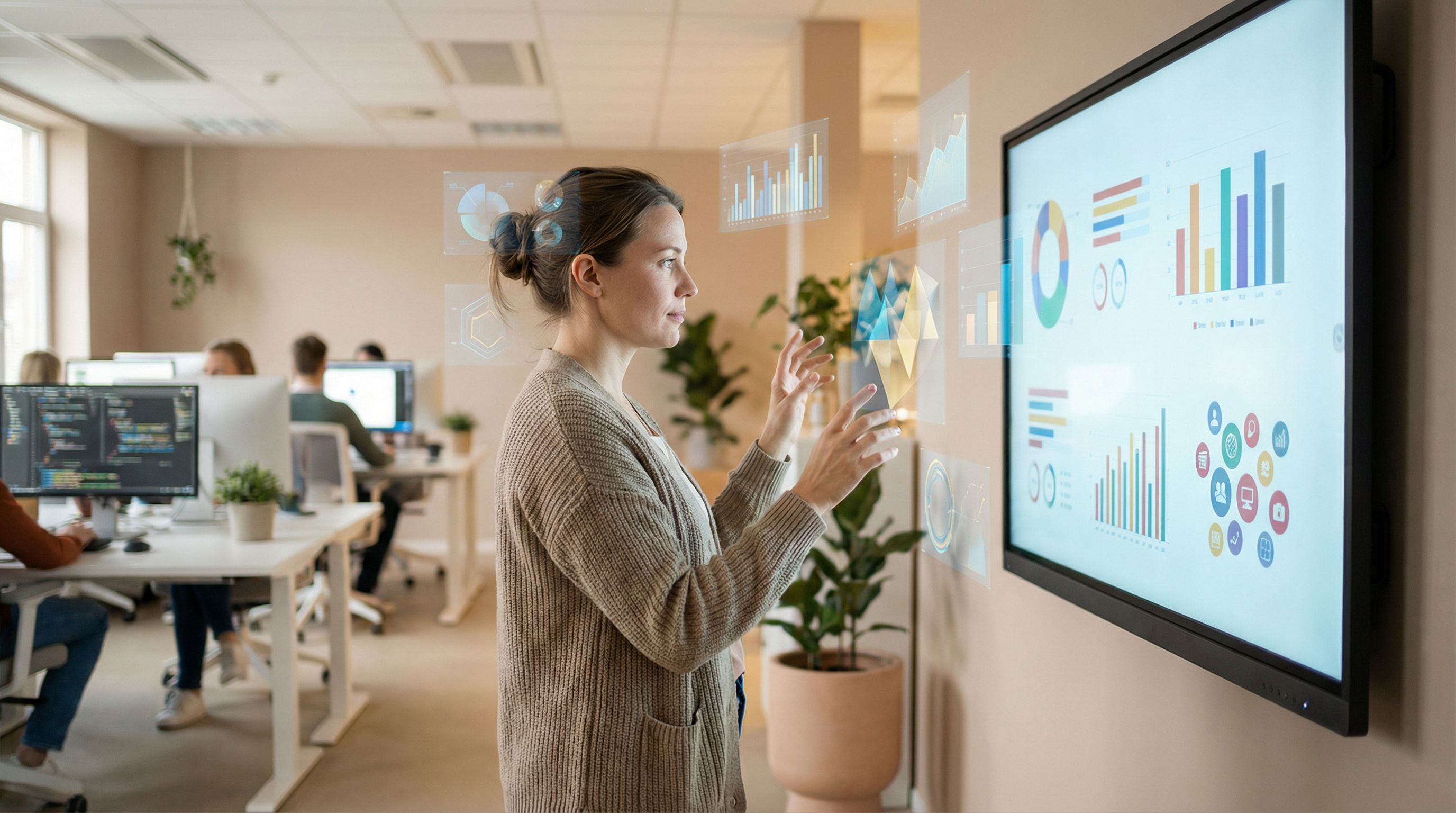 support lead reviewing a large digital dashboard of categorized tickets and charts, with clusters la