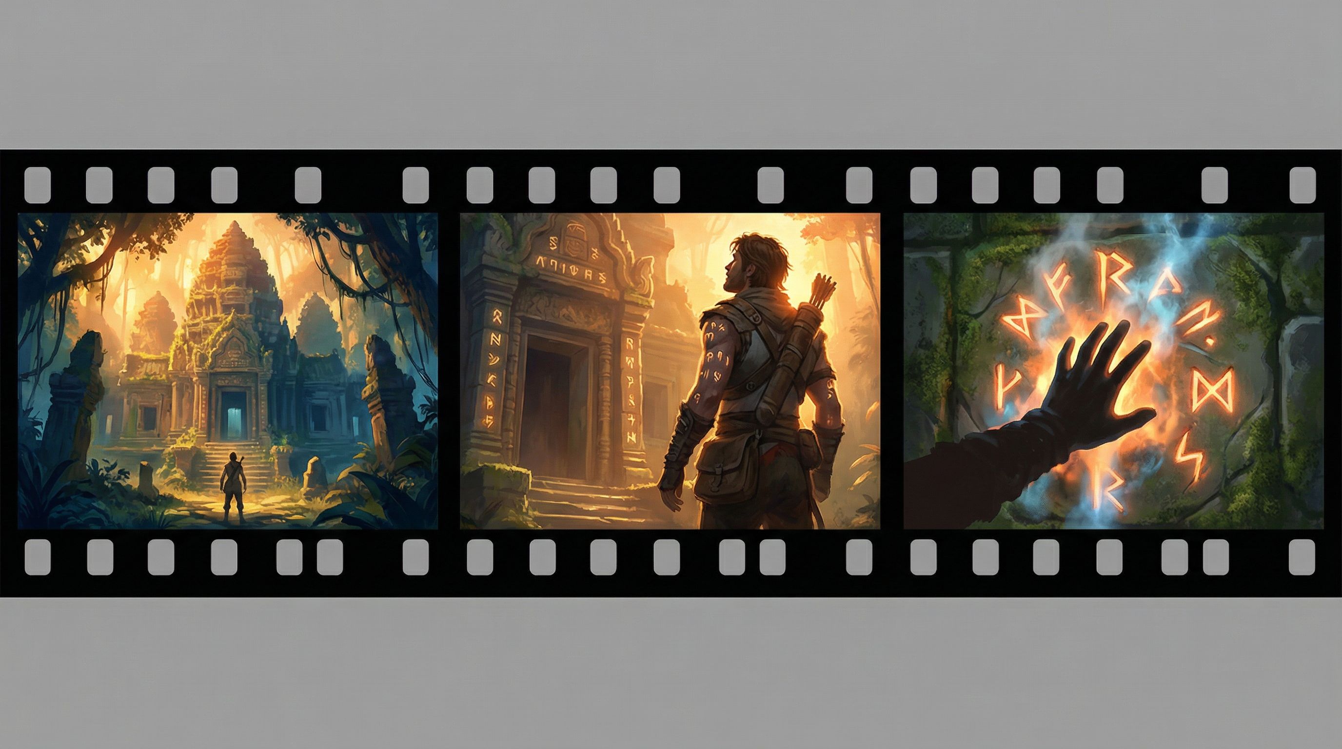 Storyboard-like sequence of three cinematic frames from a fantasy adventure Questas scene, showing a