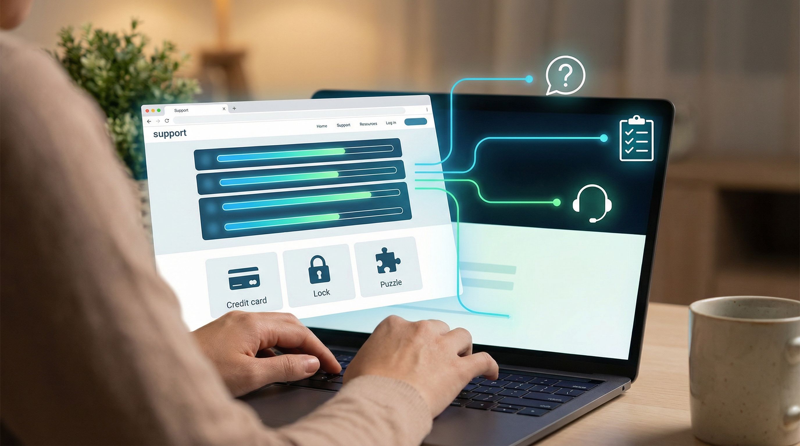 customer interacting with a multi-step support form on a laptop, with branching paths visualized as