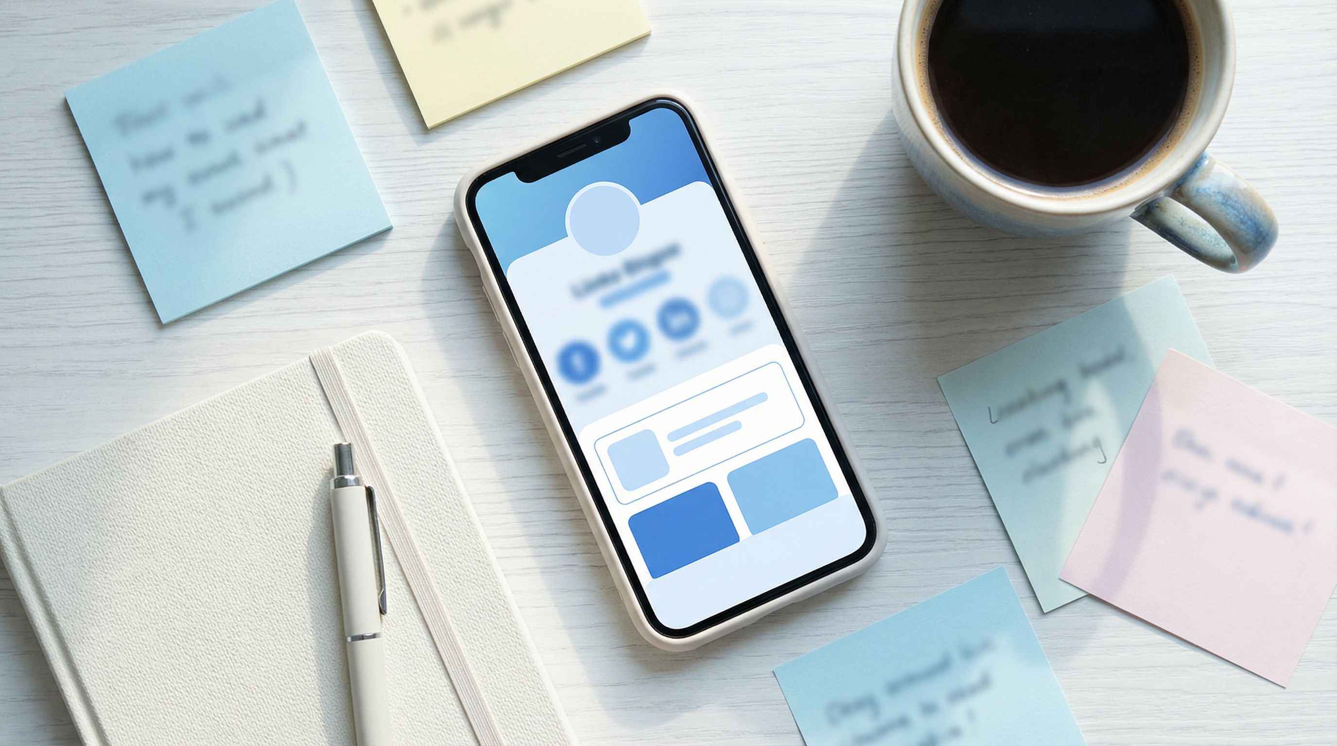 Flat lay of a smartphone showing a stylish Liinks-style link-in-bio page on screen, surrounded by a