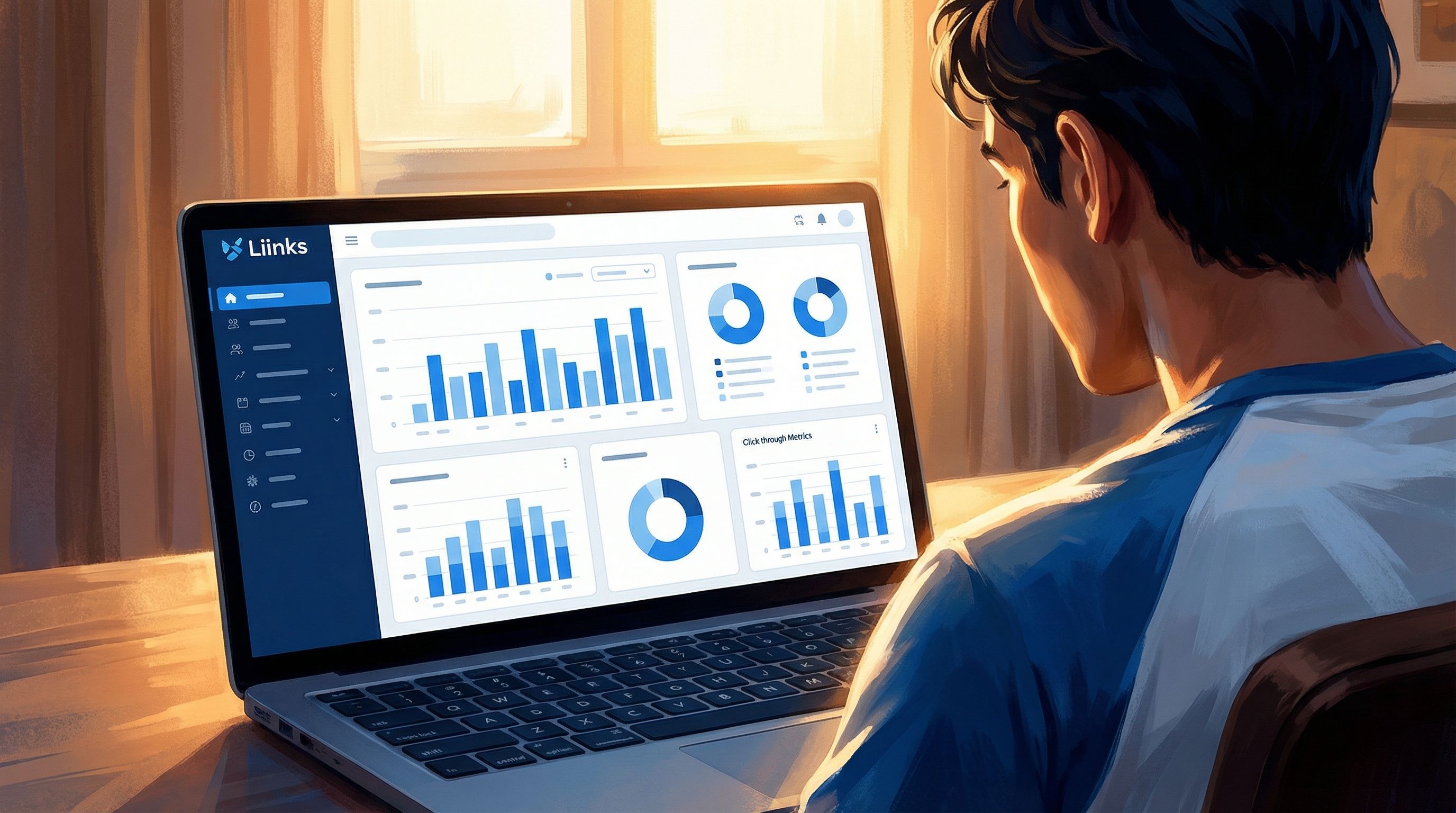 Over-the-shoulder view of a creator at a laptop analyzing simple analytics charts and click-through