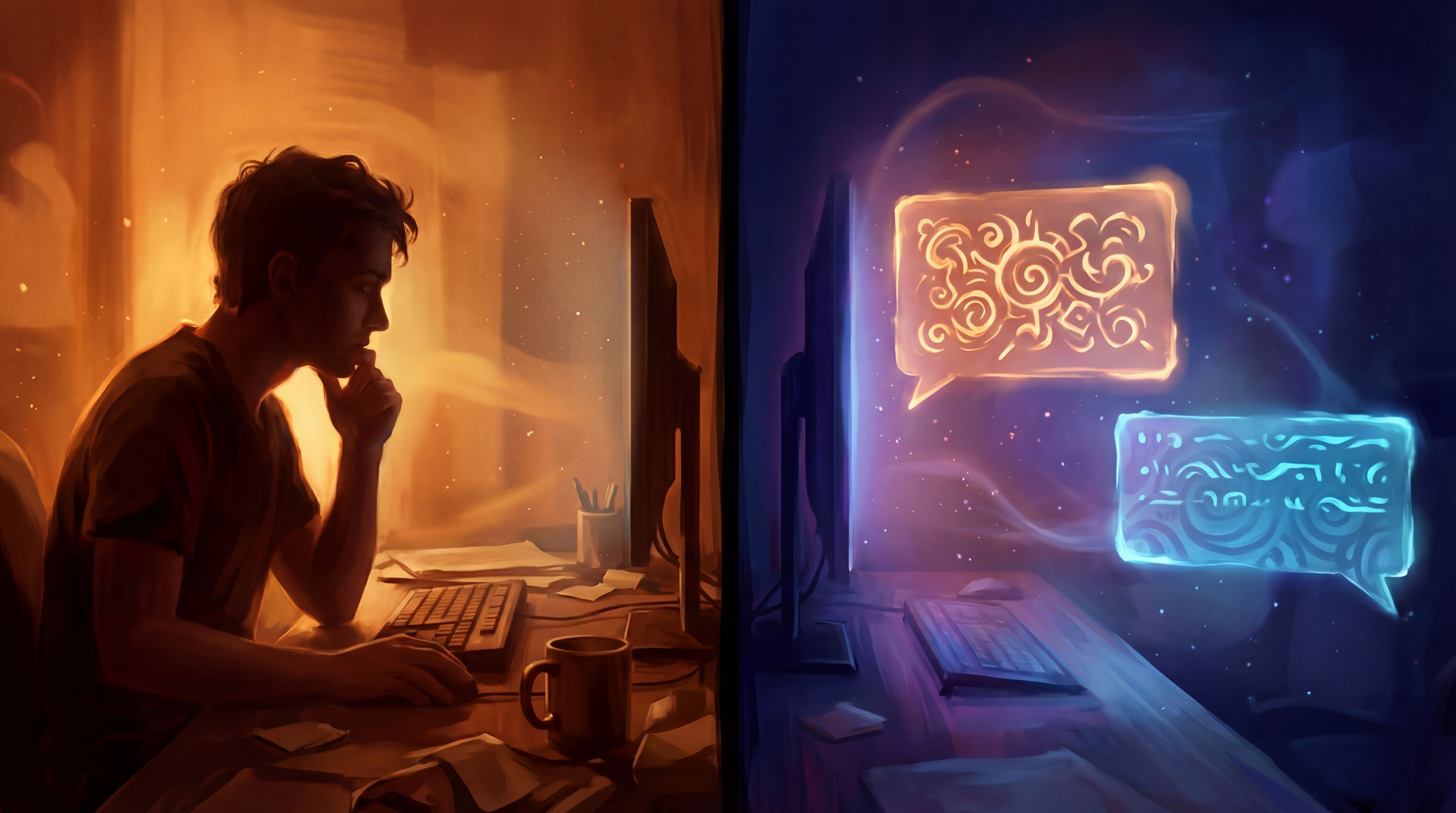 split-screen composition showing a player at a desk choosing between two glowing dialogue options on