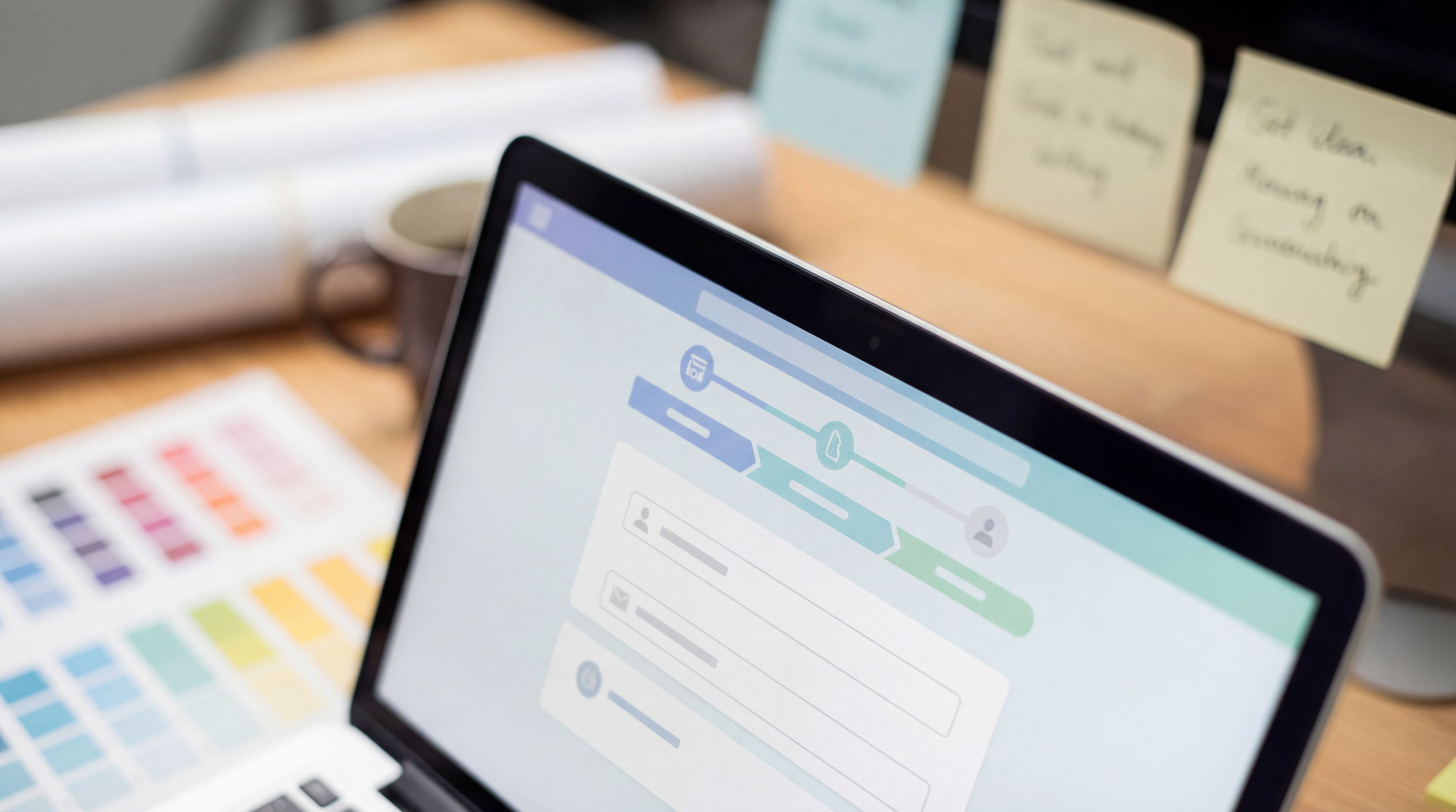 a zoomed-in shot of a laptop screen showing a beautifully themed multi-step onboarding form, with a