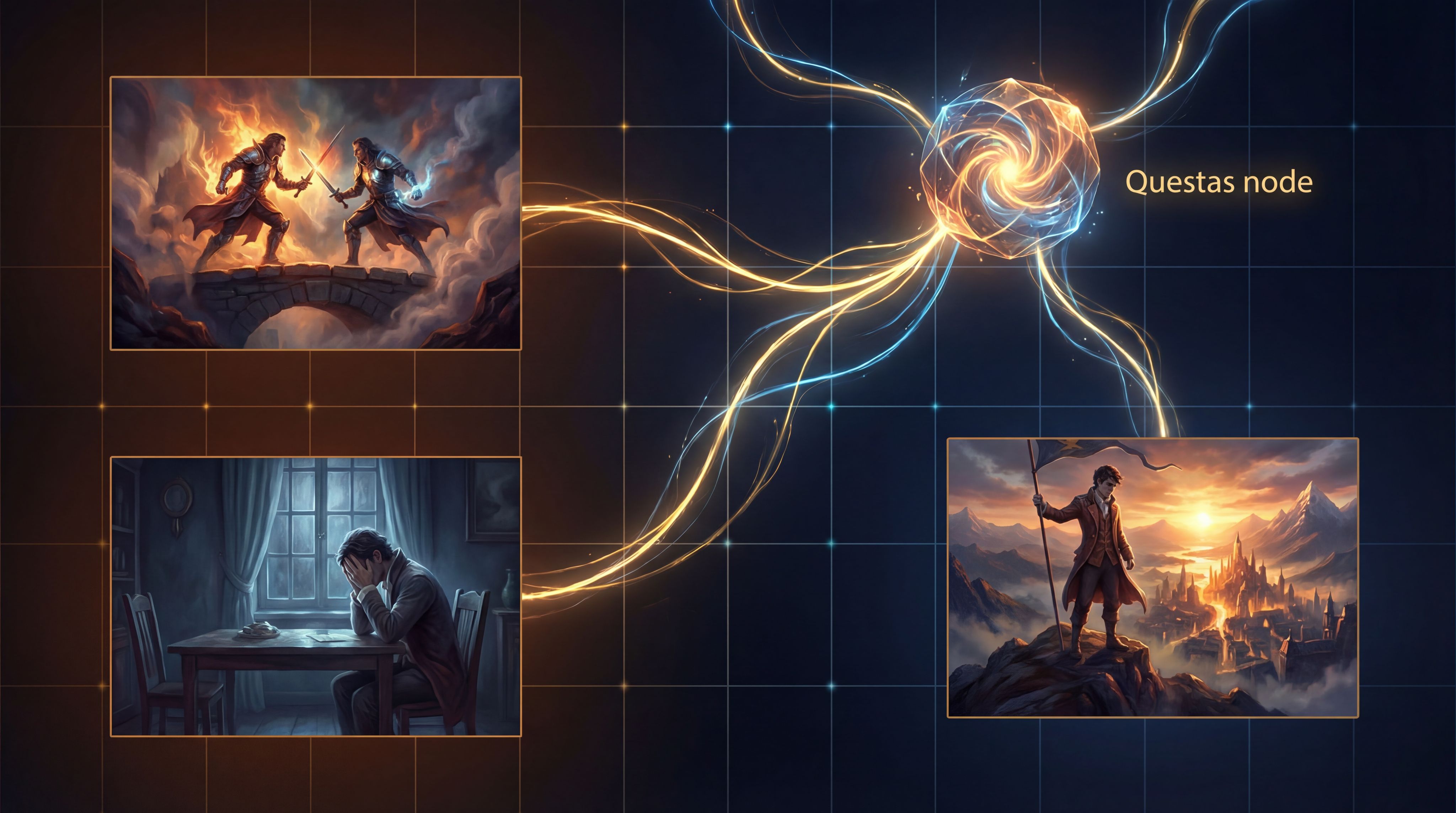 storyboard-style montage of Questas nodes connected by branching lines, with small AI-generated scen