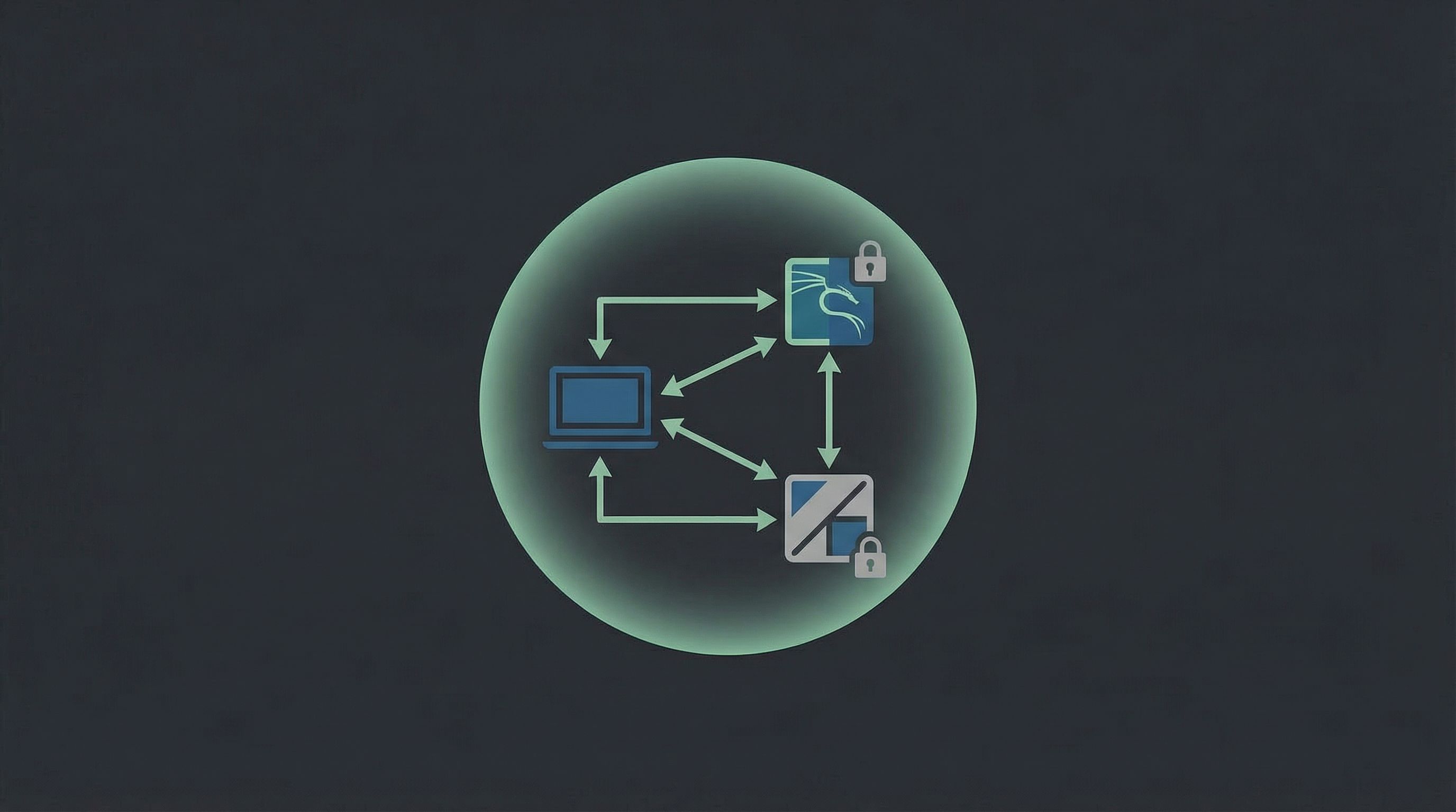A simplified network diagram on a dark background showing a host PC, a Kali Linux VM, and two vulner