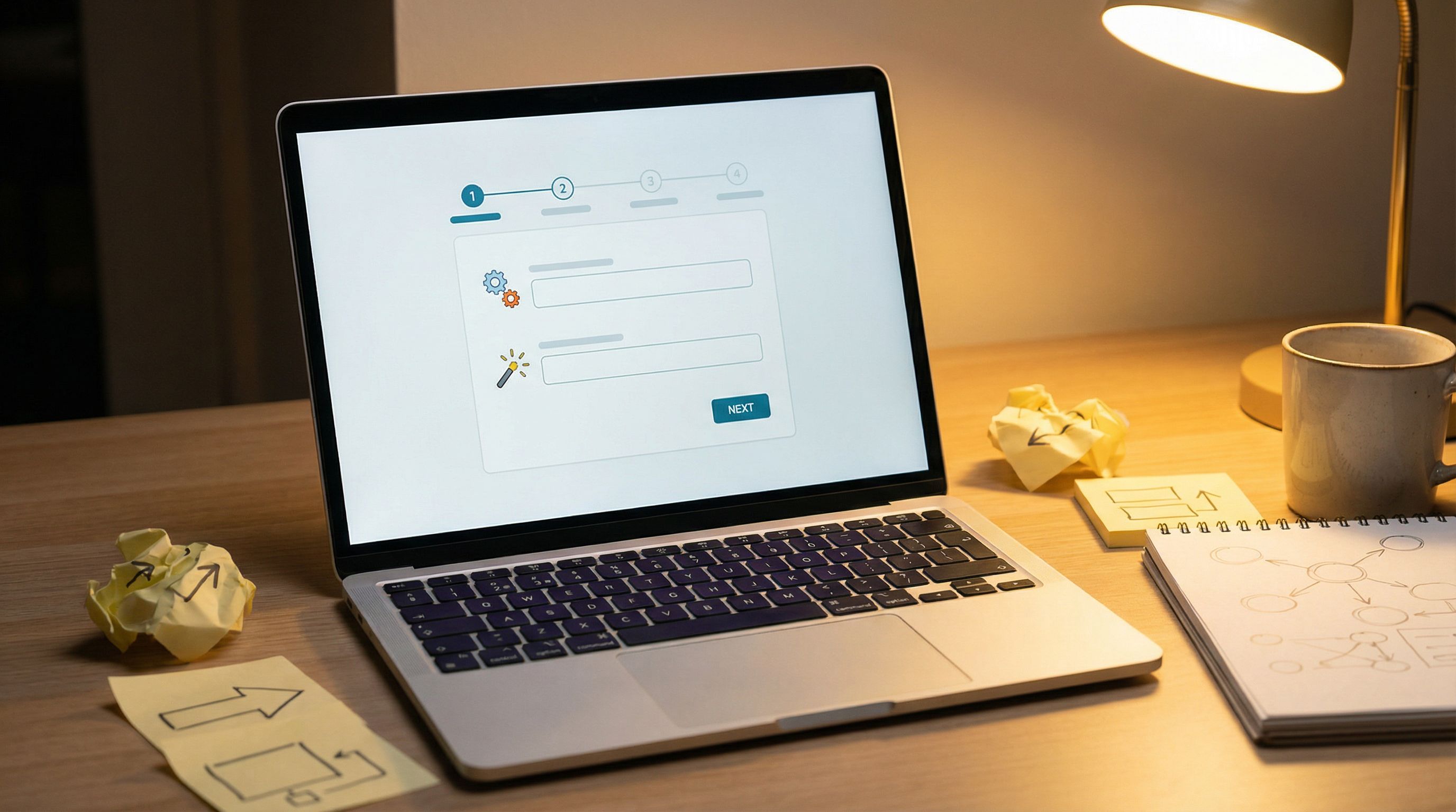 a thoughtfully designed multi-step form interface on a laptop screen, with clearly labeled questions