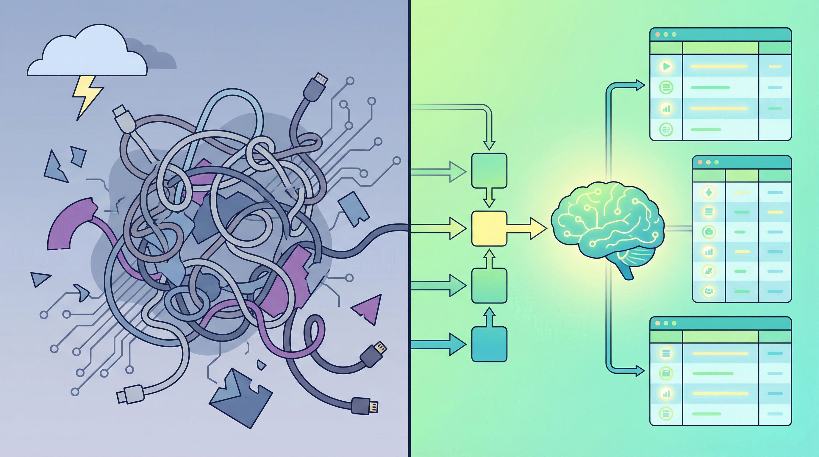 a split-screen visualization showing on the left a chaotic, unstructured form with tangled data line