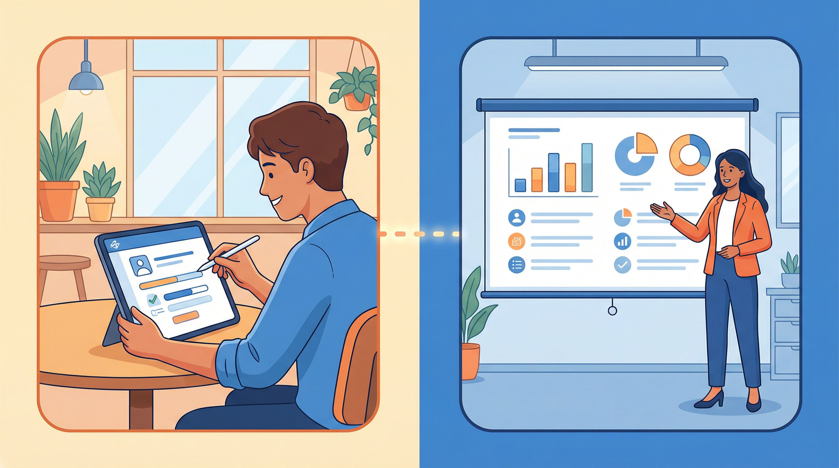 a split-screen style illustration showing on one side a customer filling a branded QBR form on a tab