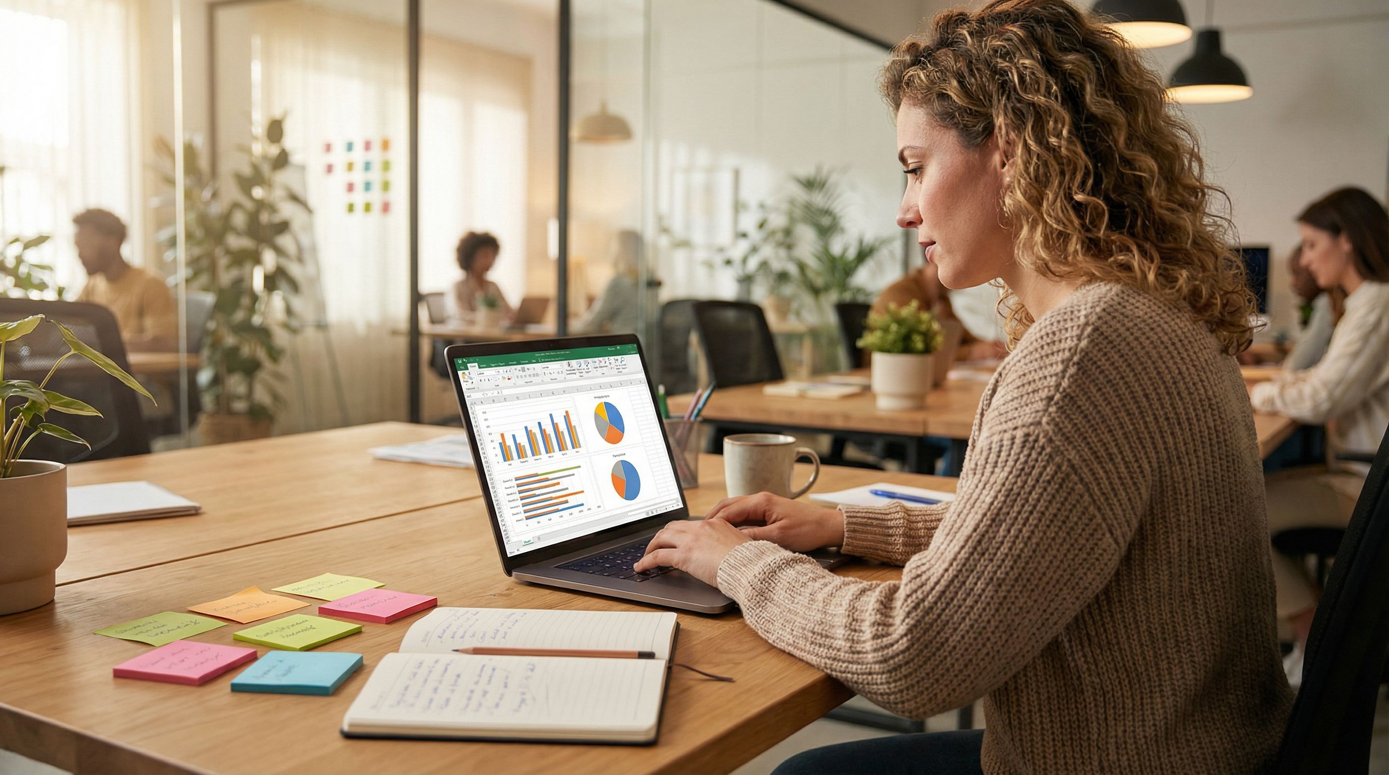 a customer success manager reviewing a colorful Google Sheets dashboard on a laptop, with charts for