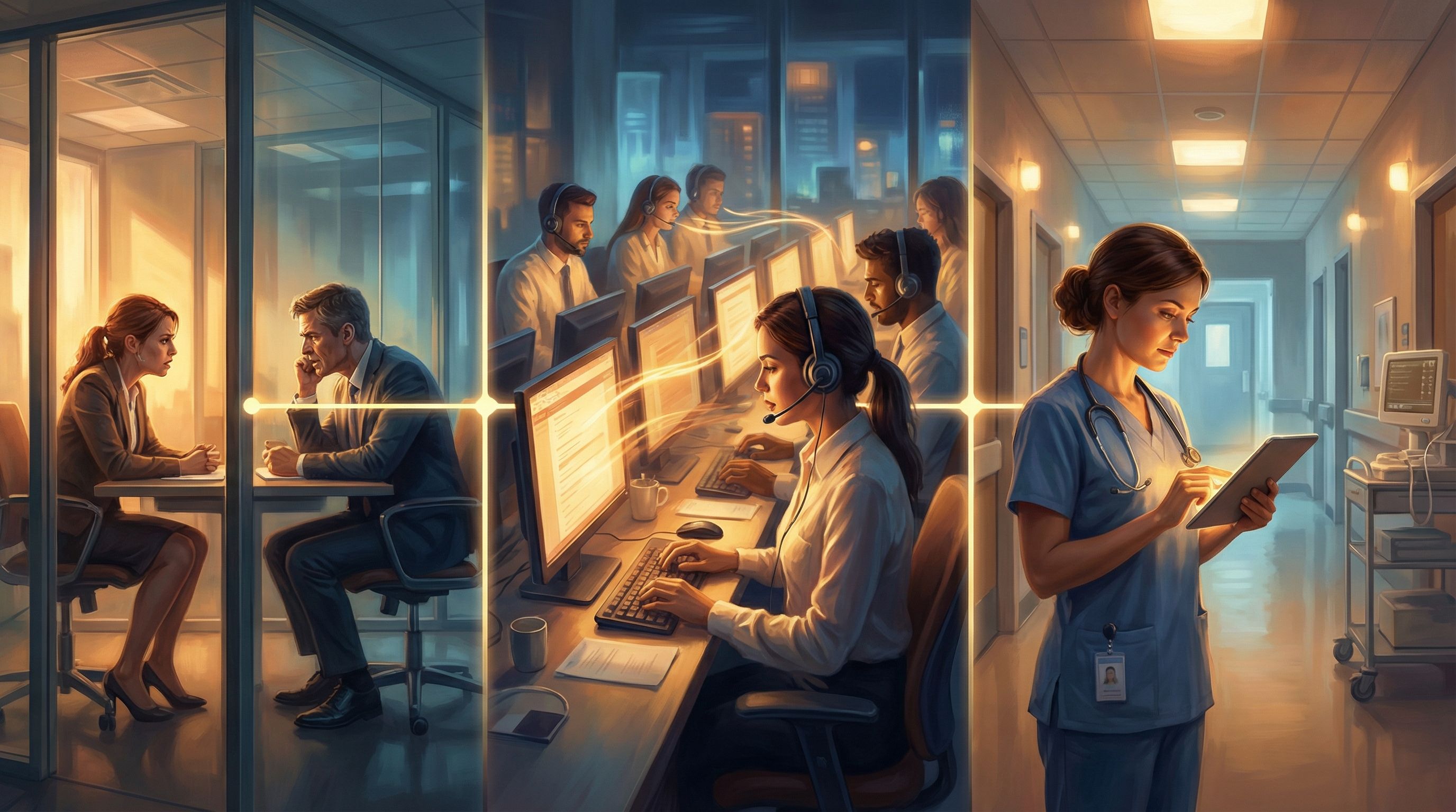 Split-screen image showing three different workplace training scenarios—a tense 1:1 in a glass-walle