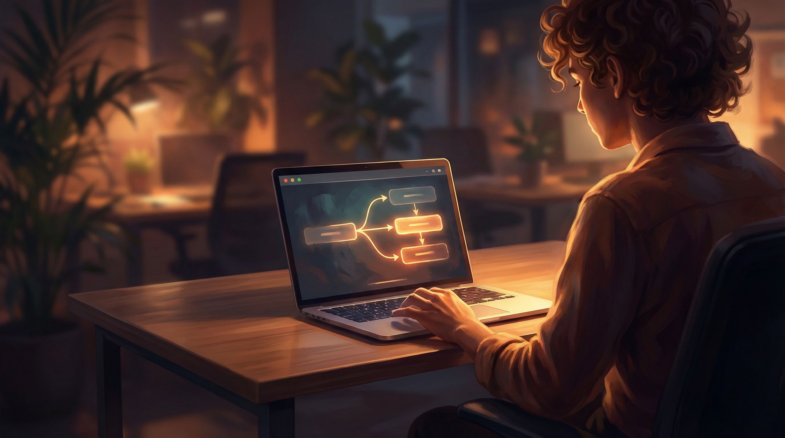 Over-the-shoulder view of a learner sitting at a laptop, the screen showing a branching decision tre