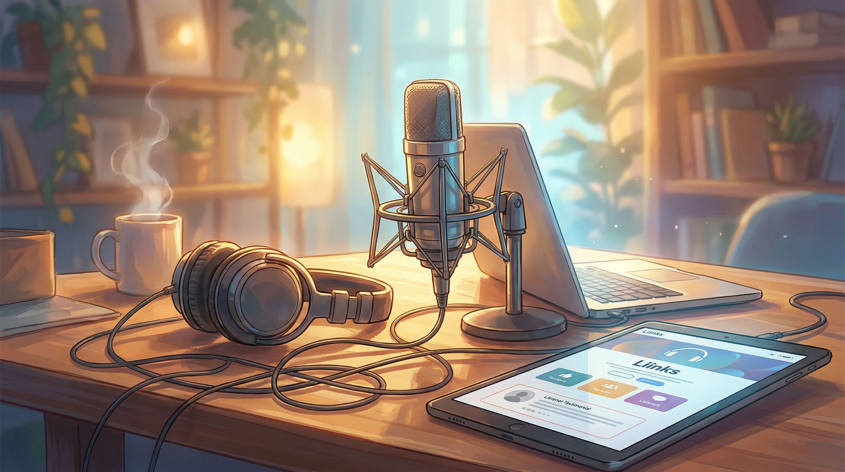 a collage-style scene showing podcasting gear (mic, headphones, laptop) next to a tablet displaying