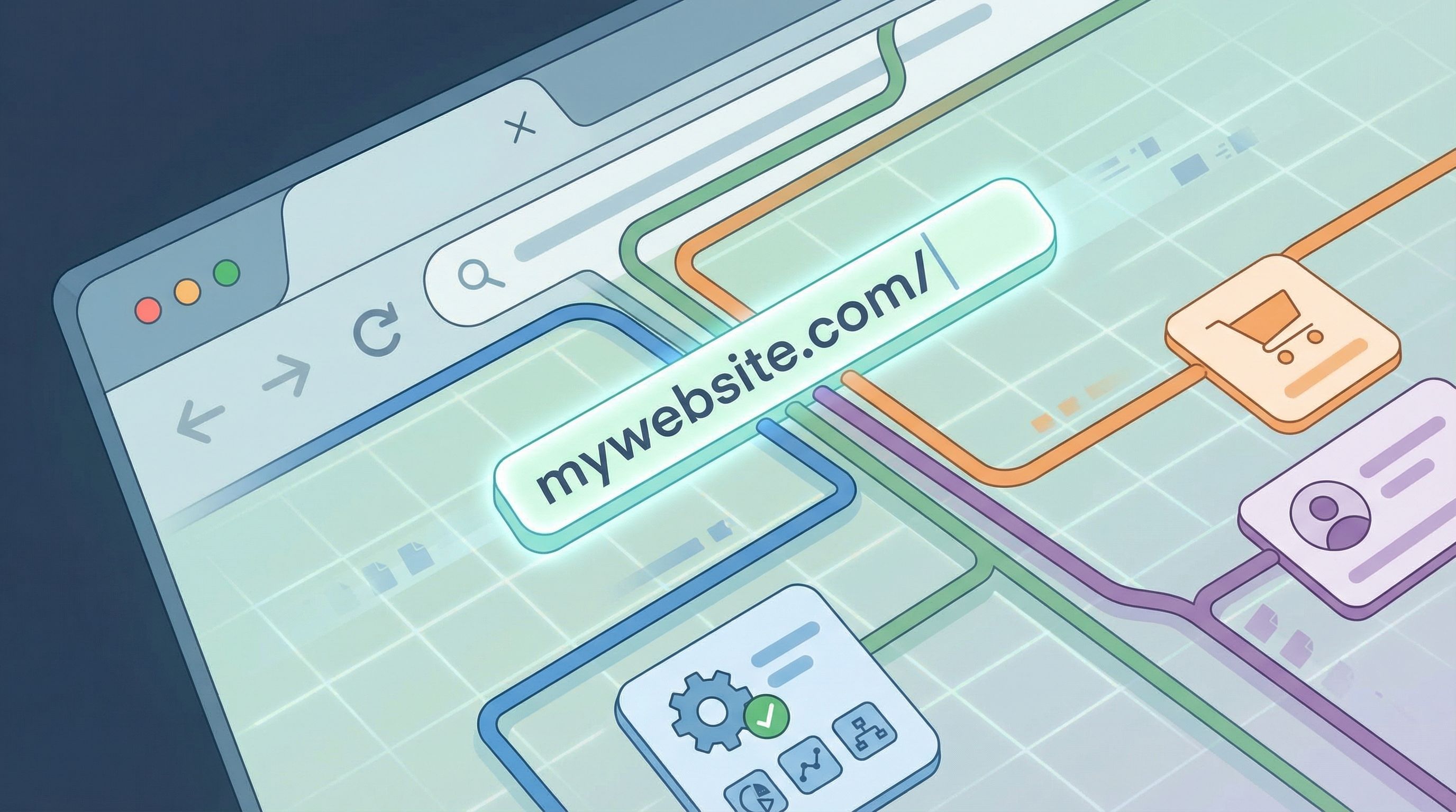 zoomed-in illustration of a browser window showing a custom URL bar with different branded subpaths