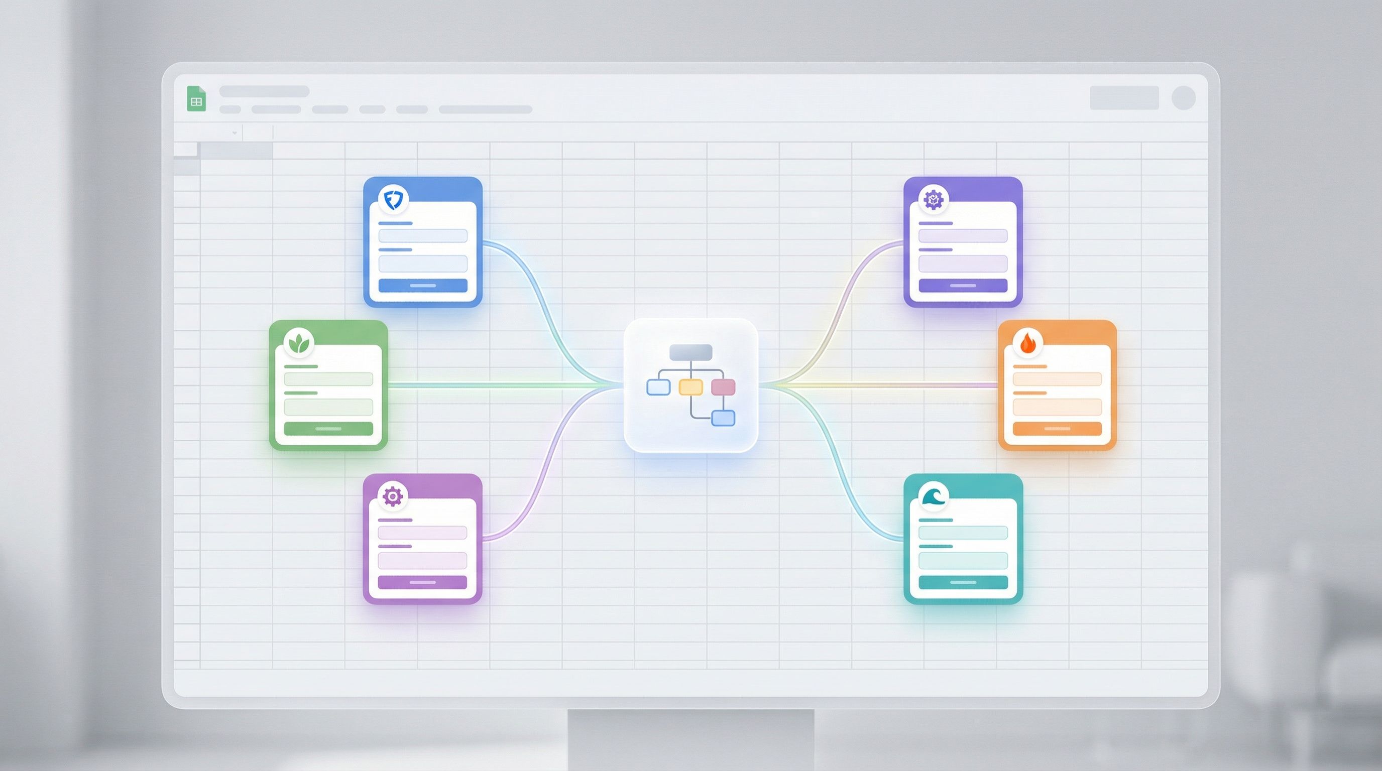 a wide dashboard view showing a single form schema in the center connected by lines to multiple bran