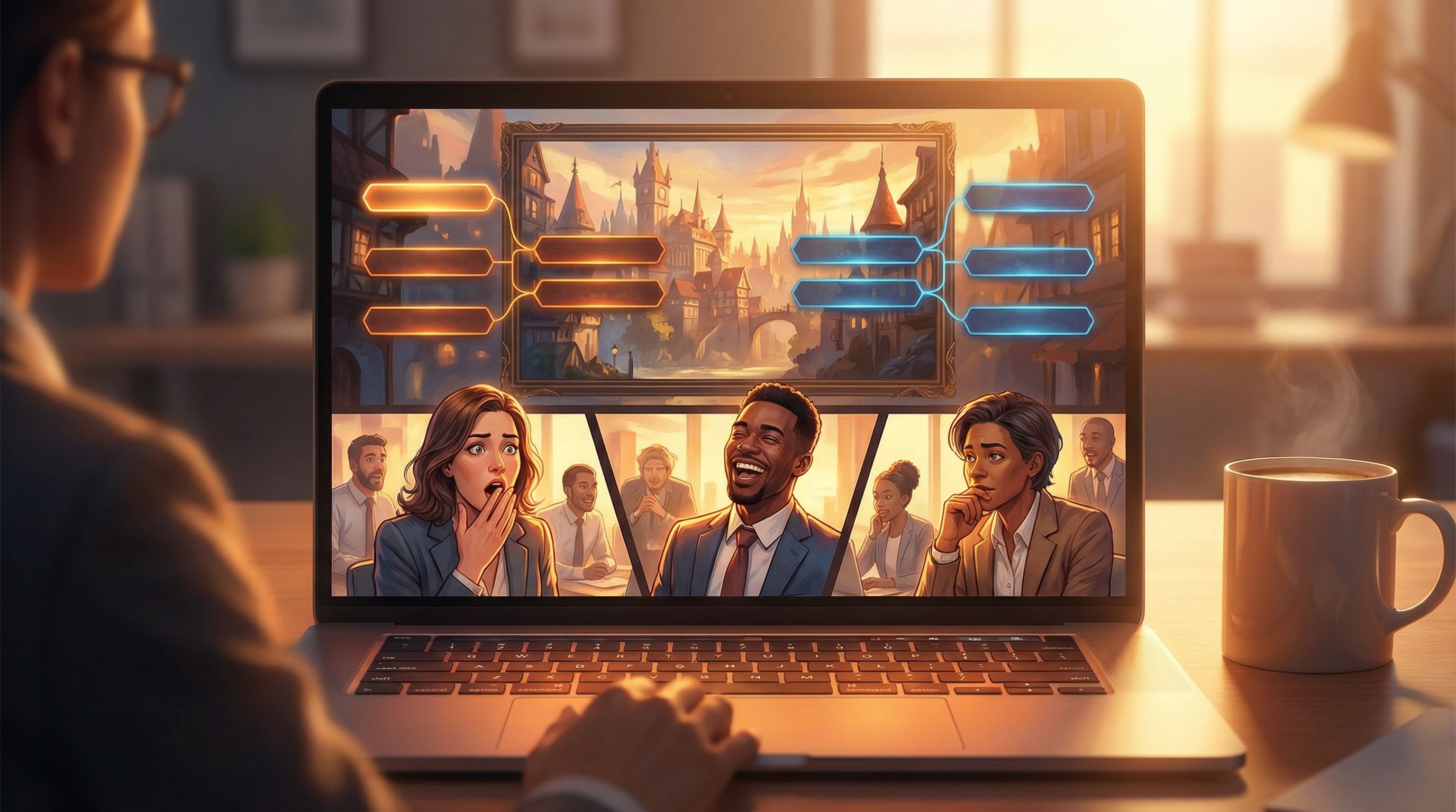 A first-person view of an employee at a laptop playing through an interactive story interface, with