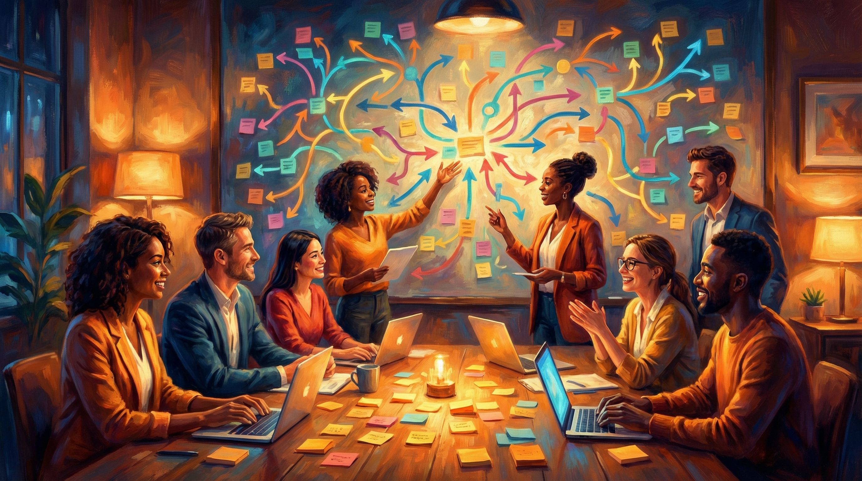 A diverse group of HR professionals gathered around a large table, covered in sticky notes and lapto