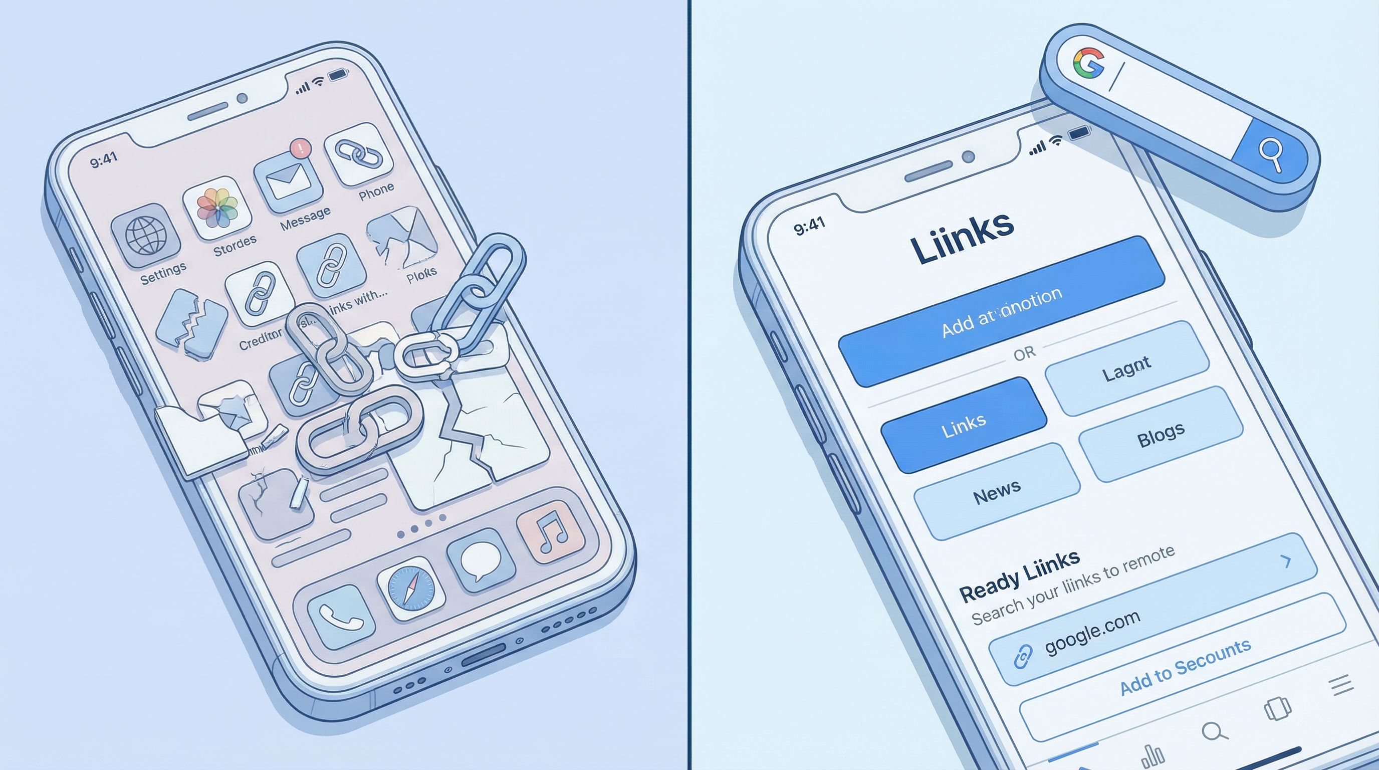 split-screen illustration of a chaotic, cluttered mobile link-in-bio page on the left and a clean, w