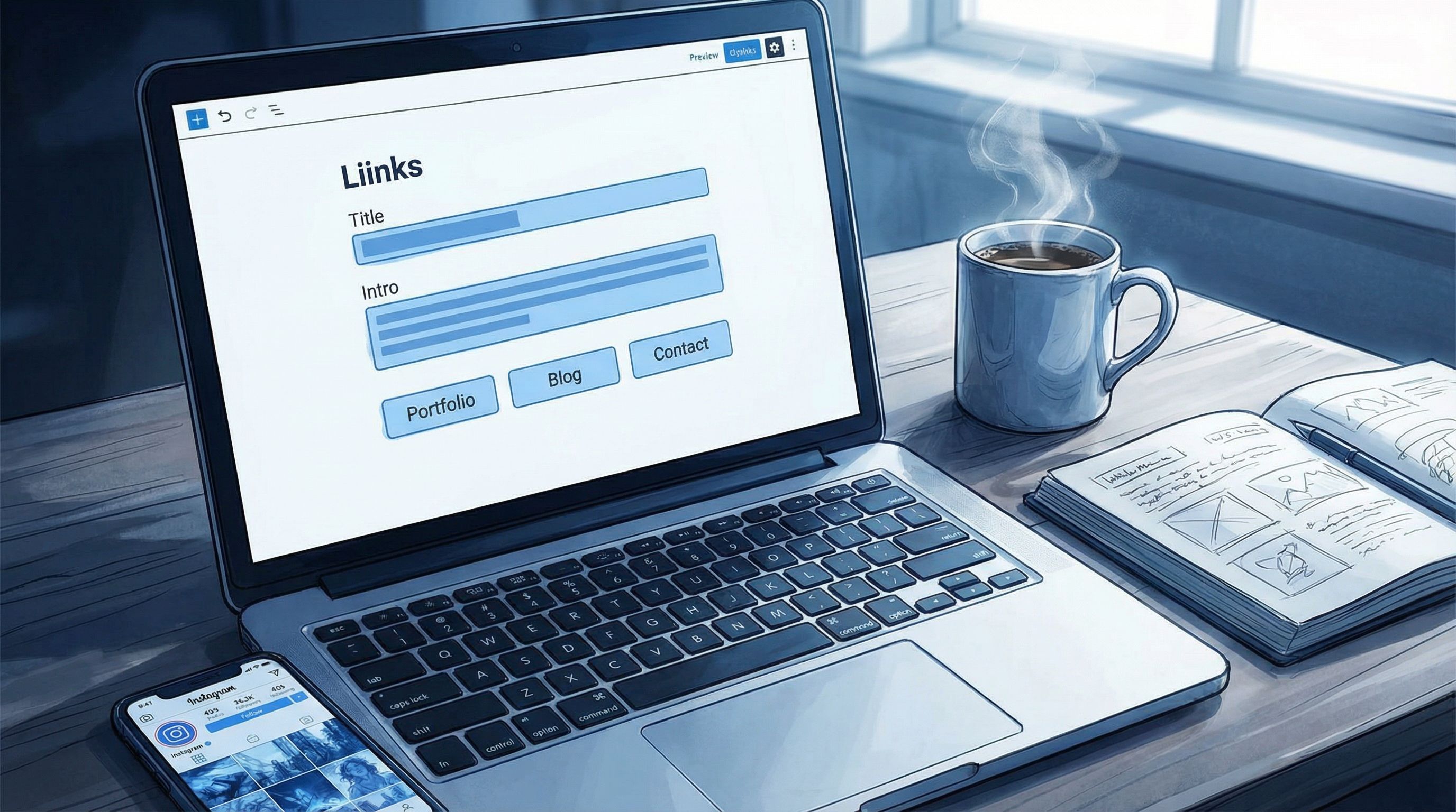close-up of a laptop screen showing a Liinks page being edited, with highlighted text fields for tit