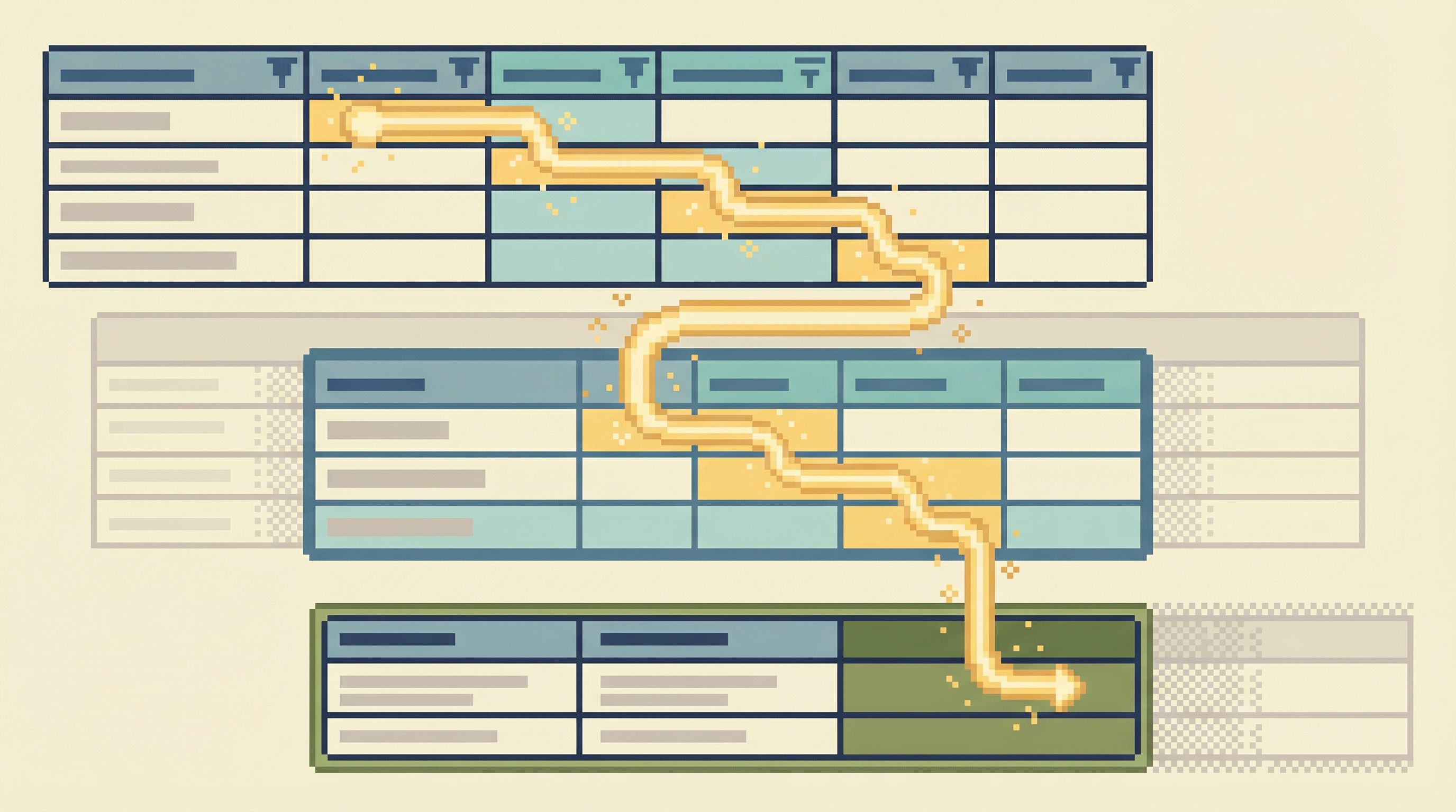 a clean, minimal interface showing a single highlighted data trail through a few tables, with the re