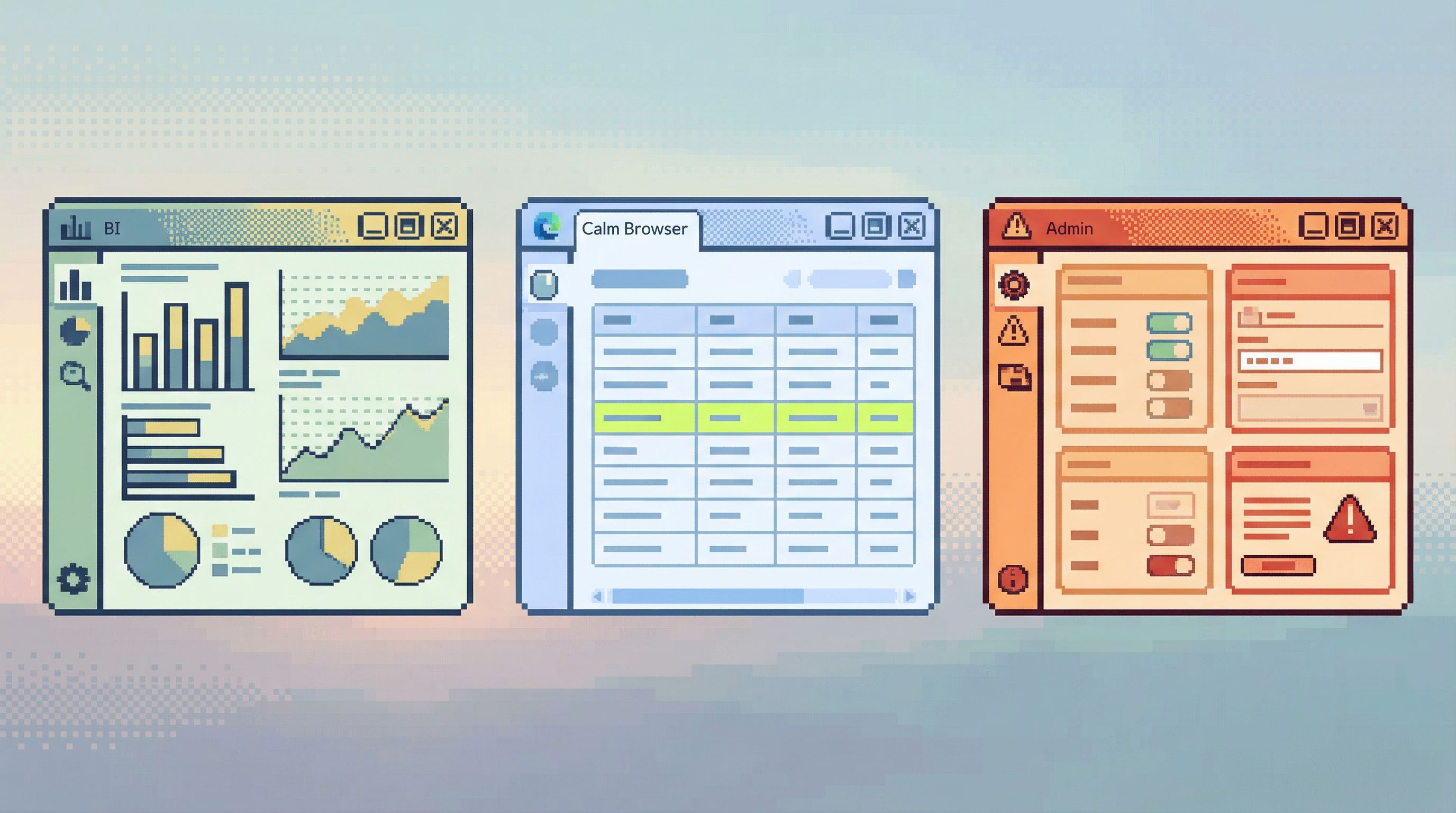 a side-by-side scene of three simplified interfaces labeled BI, Calm Browser, and Admin; BI shows ab