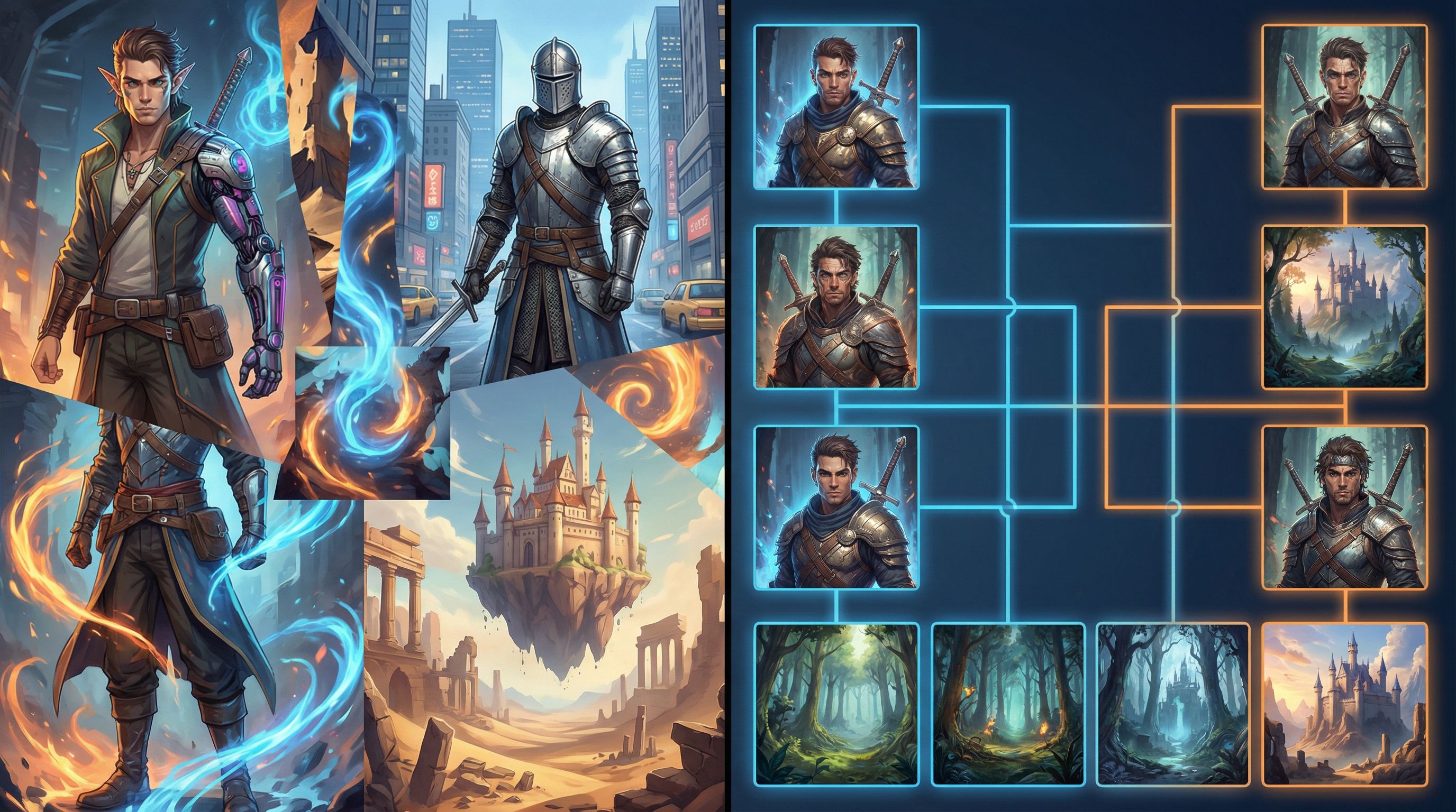 split-screen image showing on the left a chaotic collage of inconsistent character designs and locat