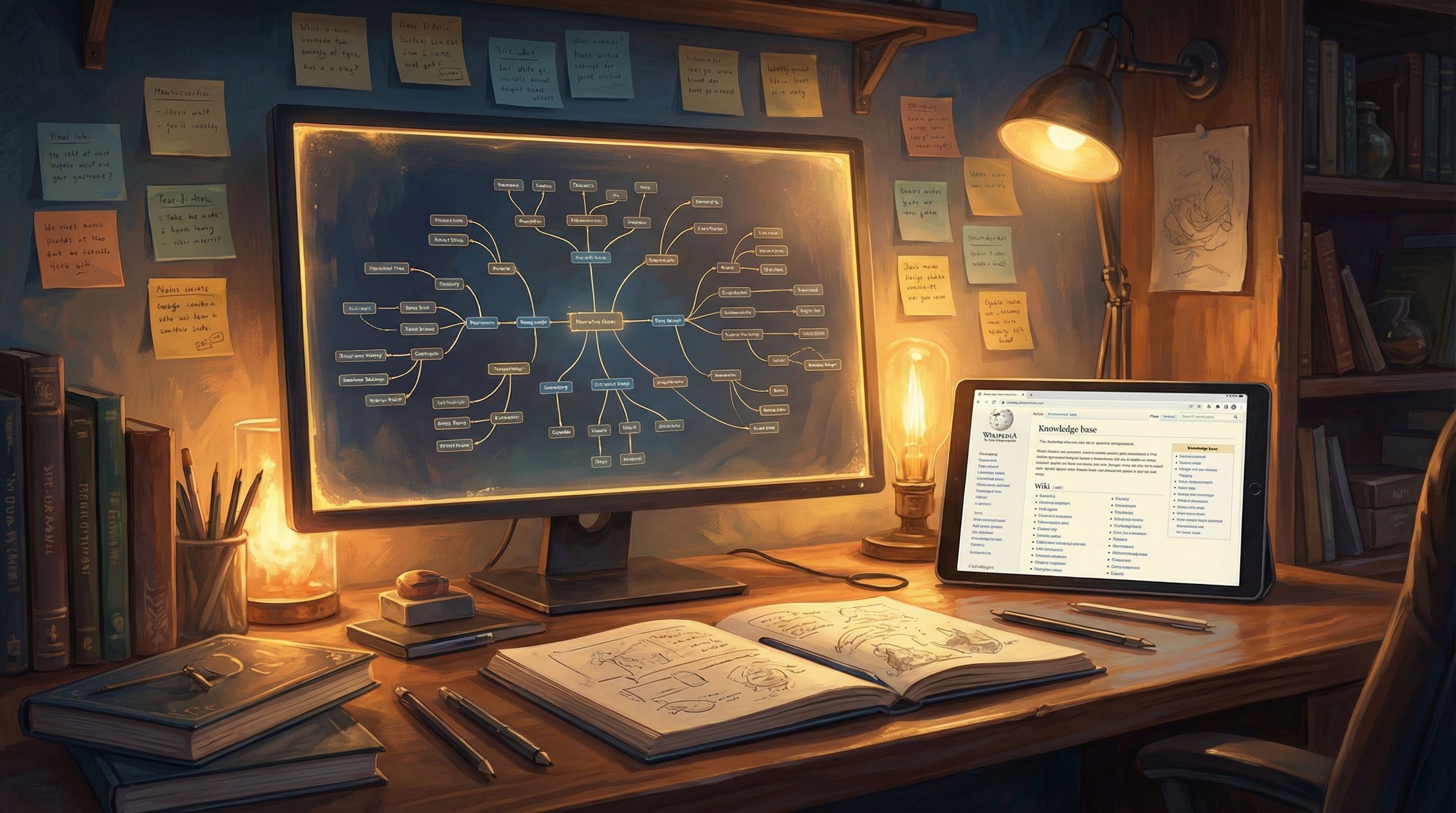 a wide shot of a story creator’s workspace with a large monitor showing a branching narrative graph,