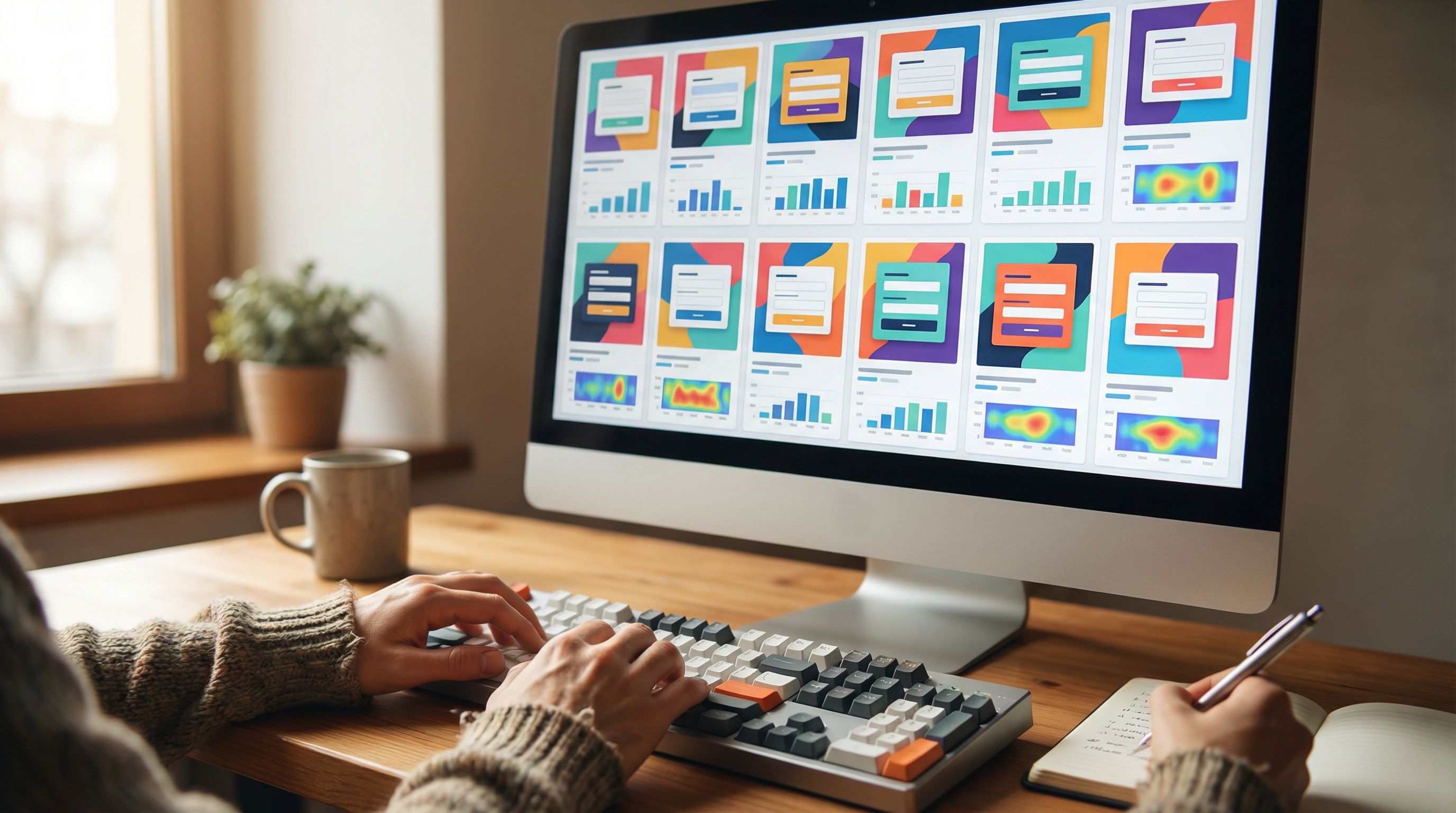 Close-up of a marketer’s screen showing an A/B testing dashboard comparing multiple form theme varia