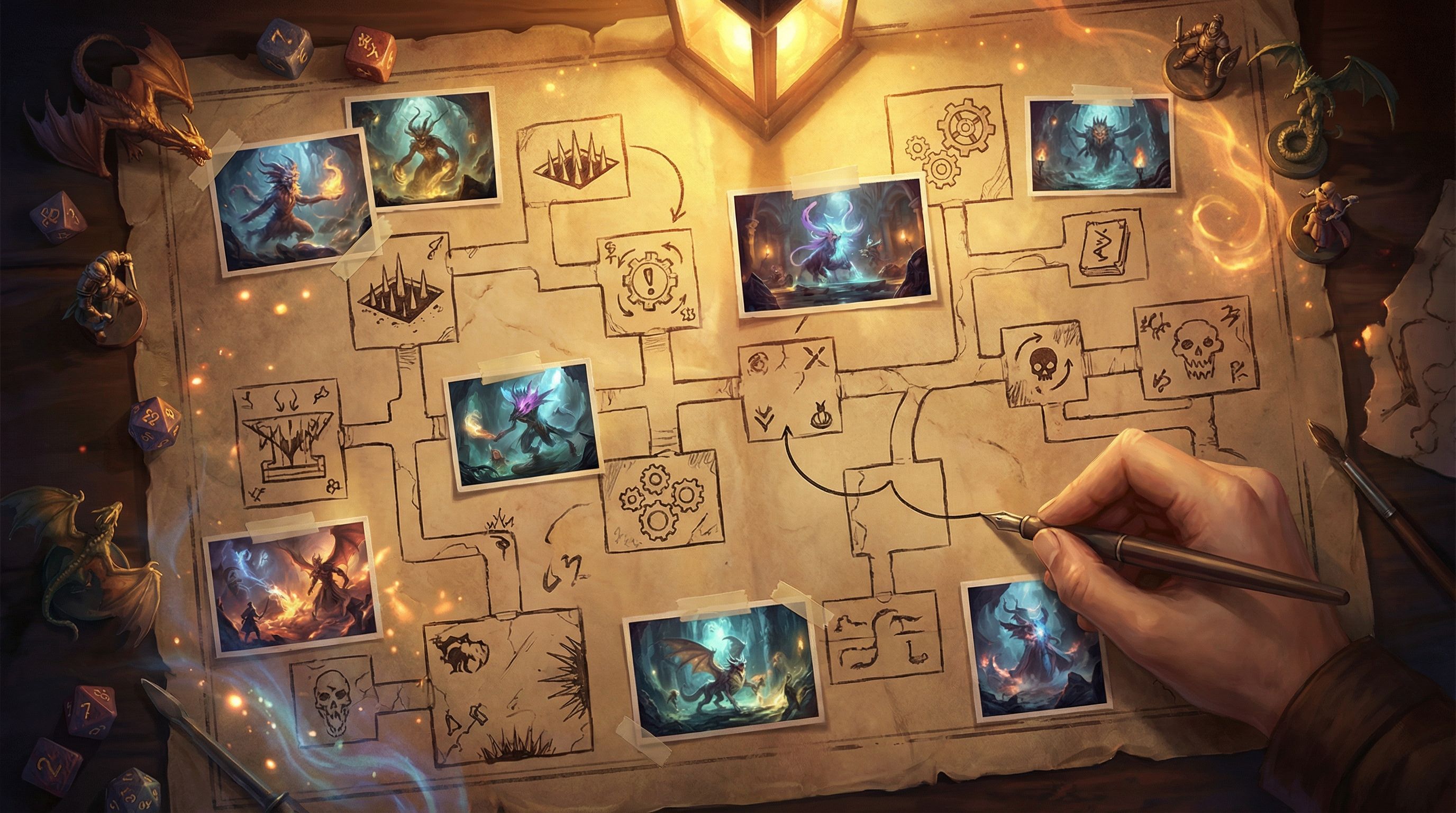 Overhead view of a branching dungeon map sketched on worn parchment, each room annotated with icons