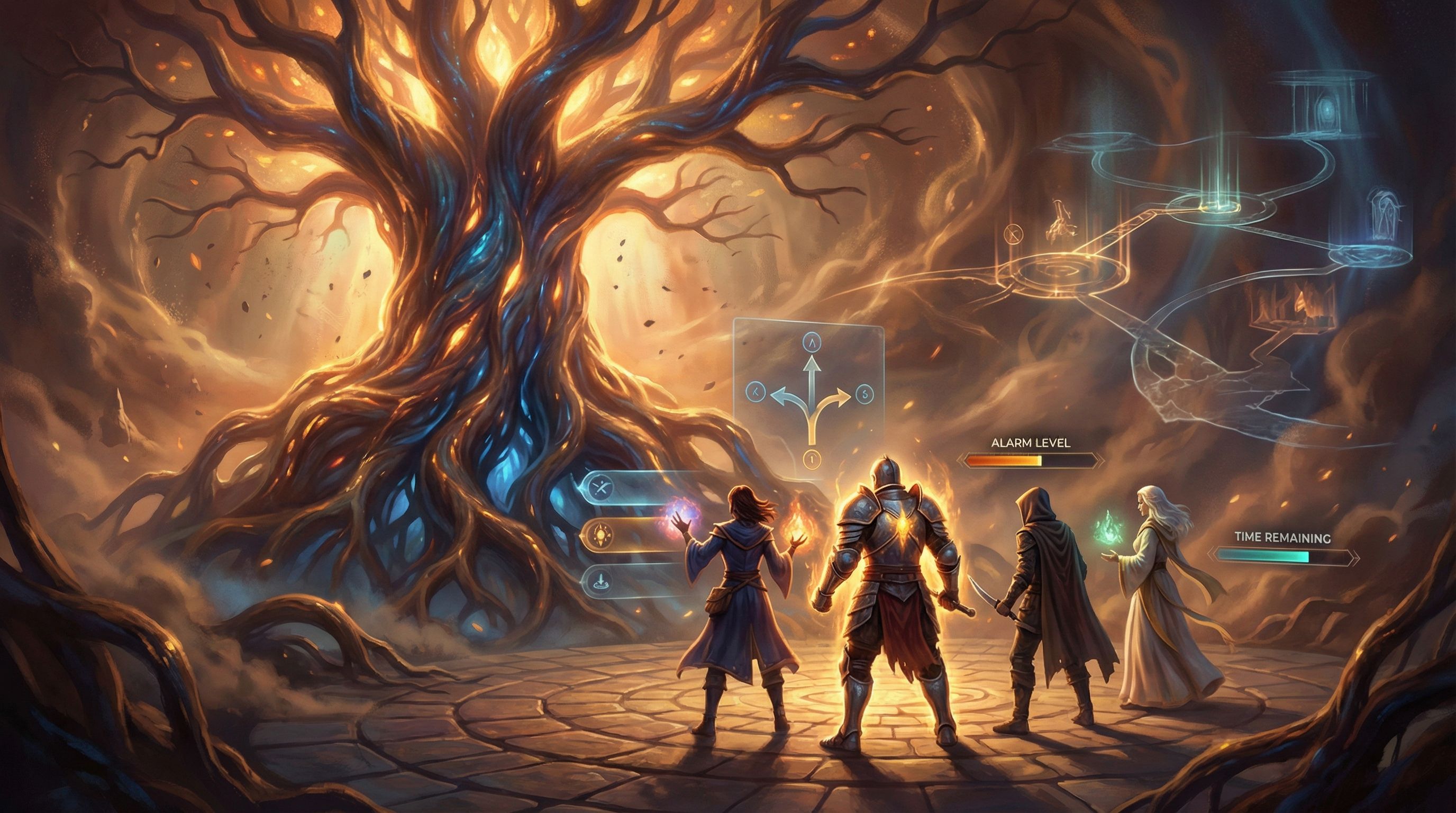 Dramatic third‑person view of a fantasy raid party—warrior, mage, rogue, healer—facing a colossal gl