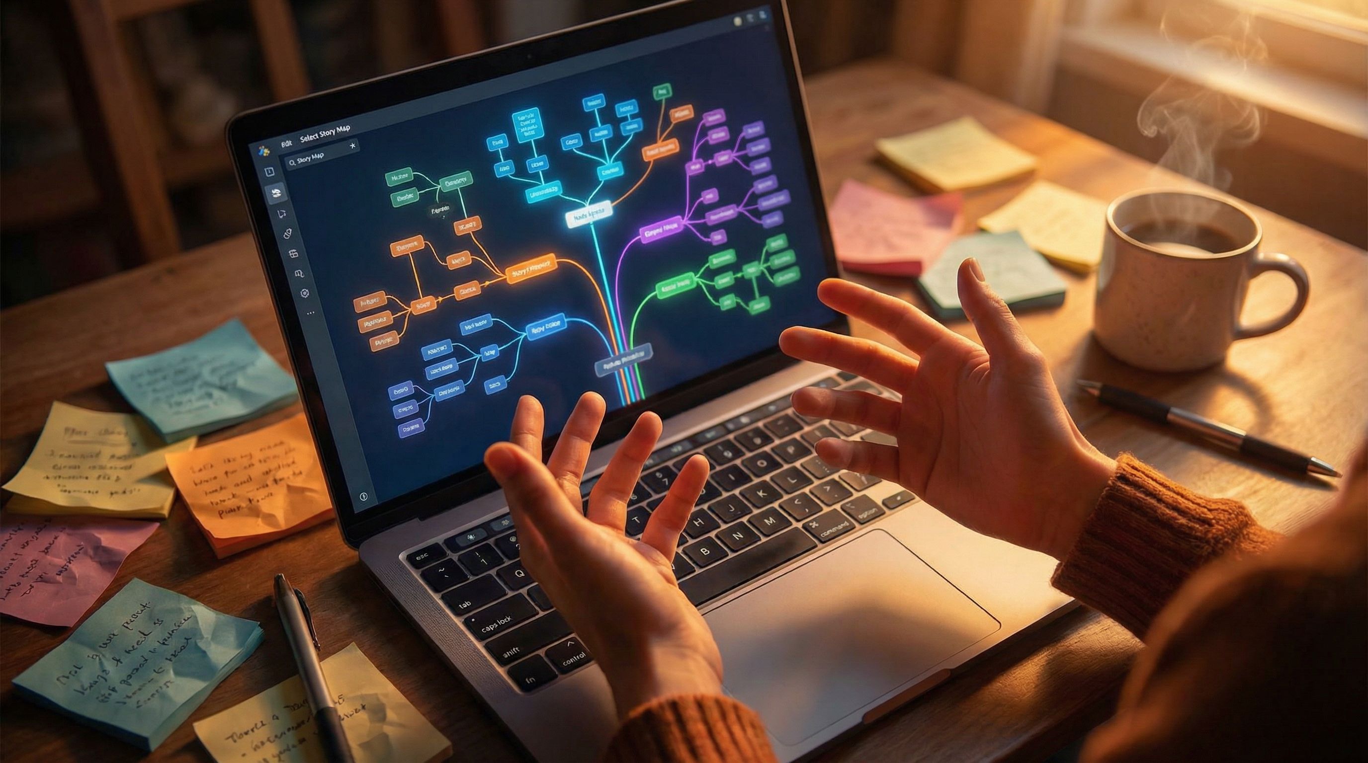 Overhead view of a laptop screen showing a colorful node-based story map in a visual editor, surroun