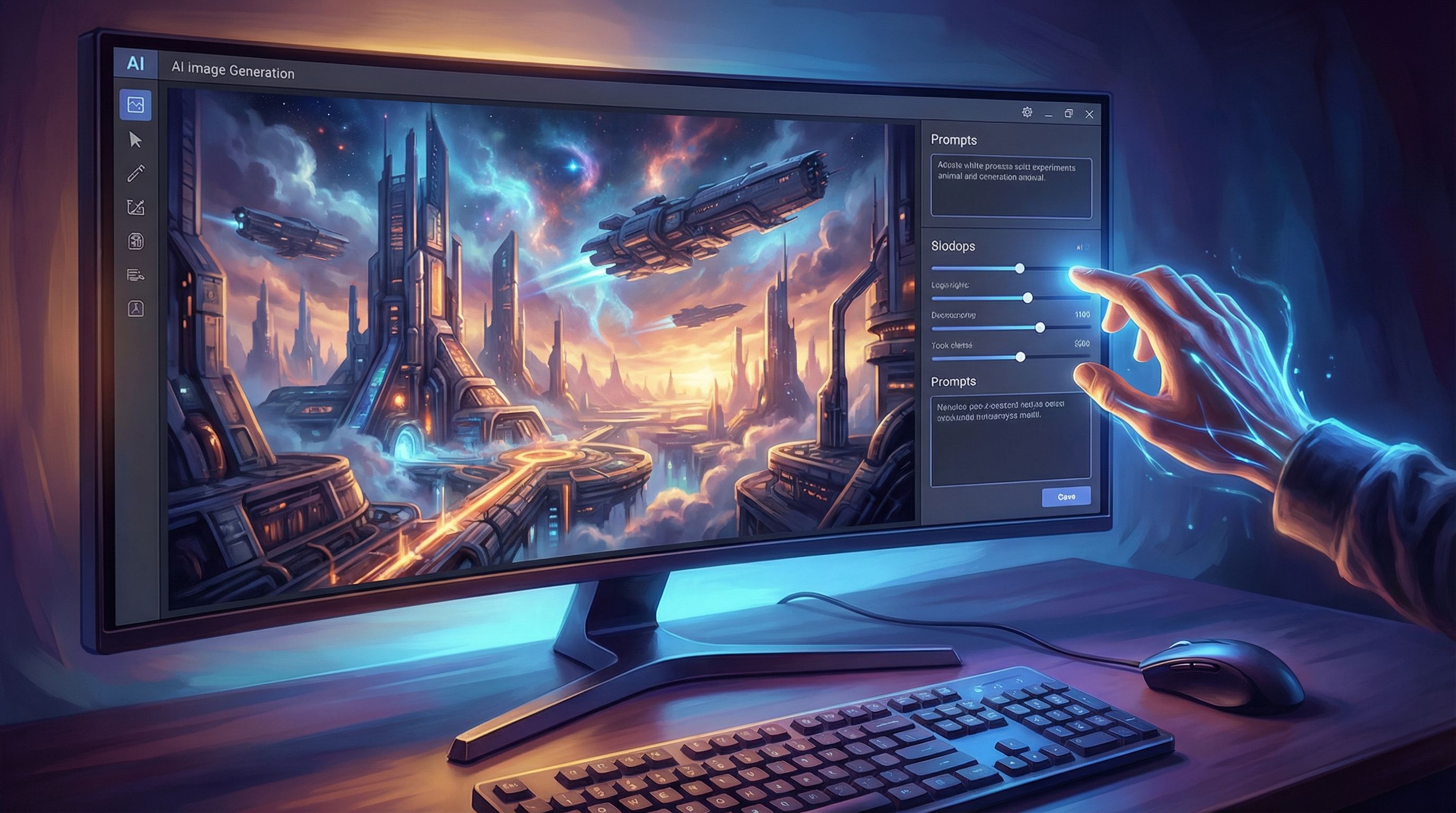 Close-up of a computer screen showing an AI image generation interface with a dramatic sci-fi scene