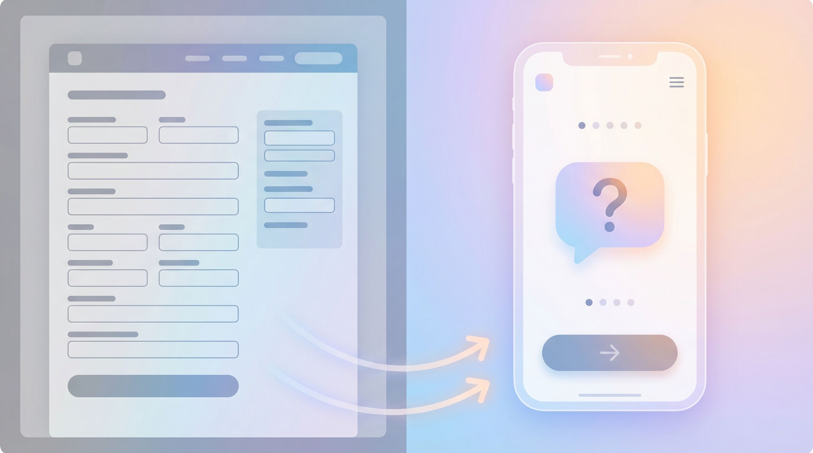a split-screen illustration showing on the left a cluttered, gray, single-page form with many fields