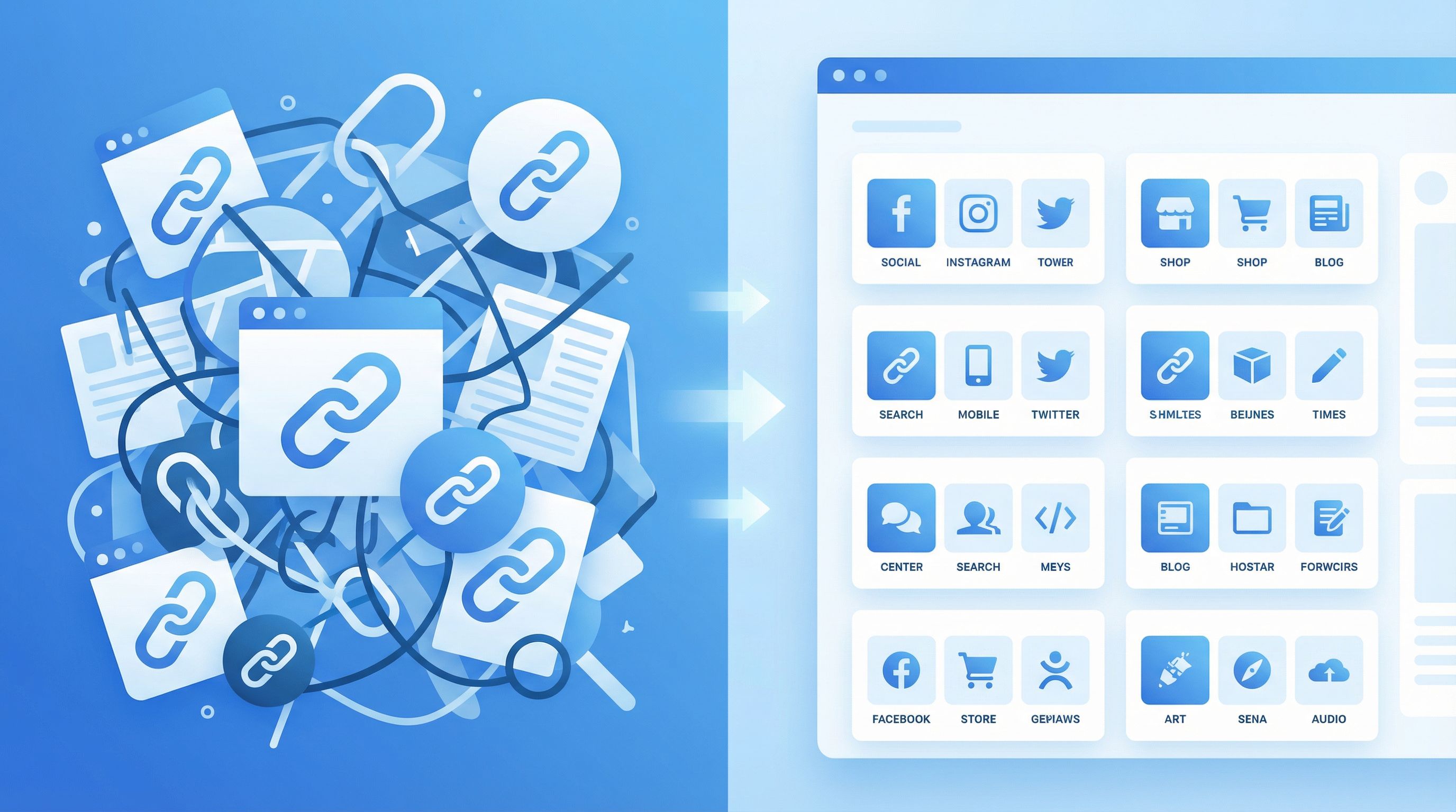 Split-screen illustration showing a chaotic, cluttered list of random links on the left and a clean,