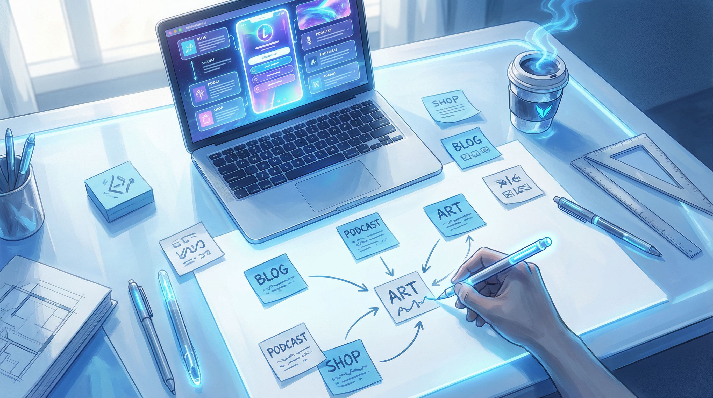Overhead shot of a creator’s desk with a laptop showing a colorful Liinks-style link in bio page, st