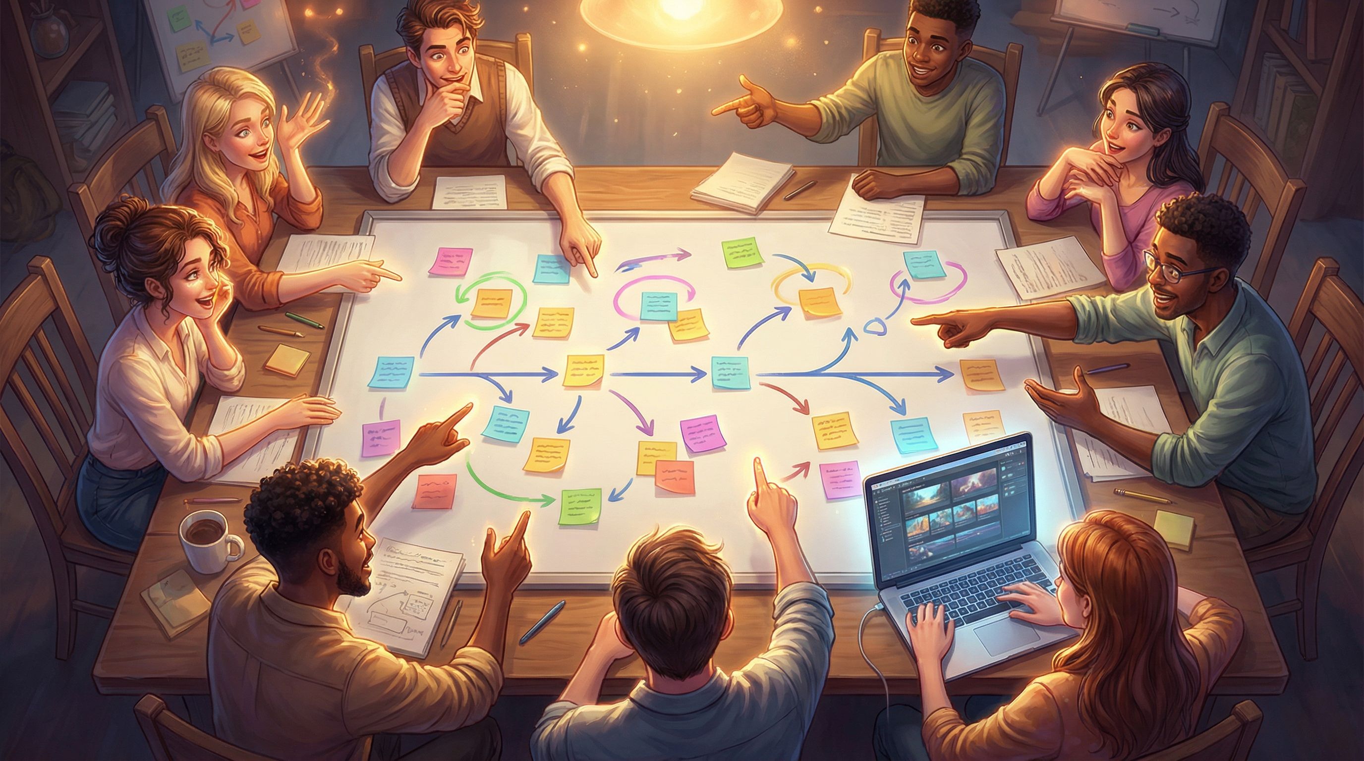 Overhead view of a whiteboard covered in sticky notes and arrows, with a nonfiction timeline branchi