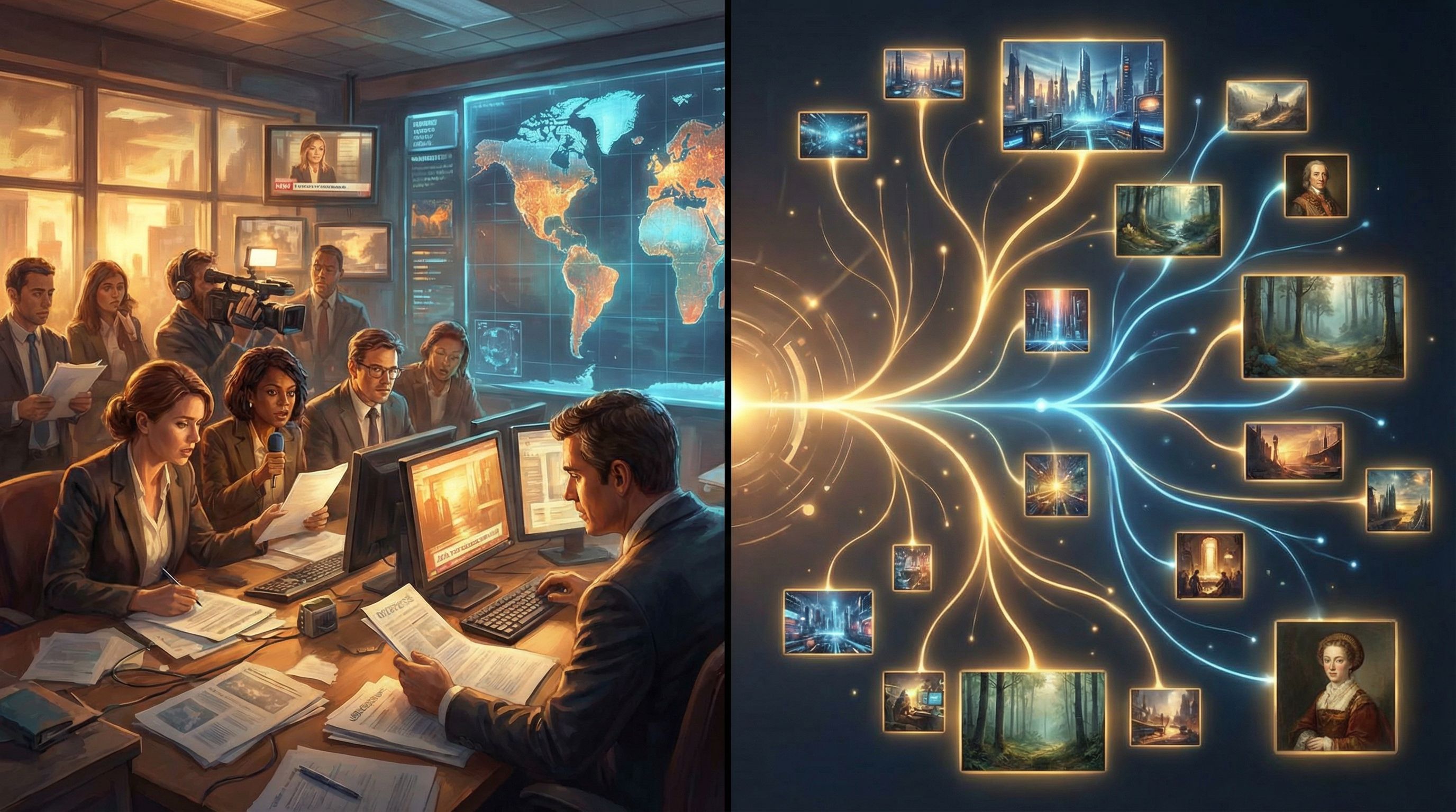 Split-screen image showing on the left a real-world nonfiction moment like a crisis meeting or bustl