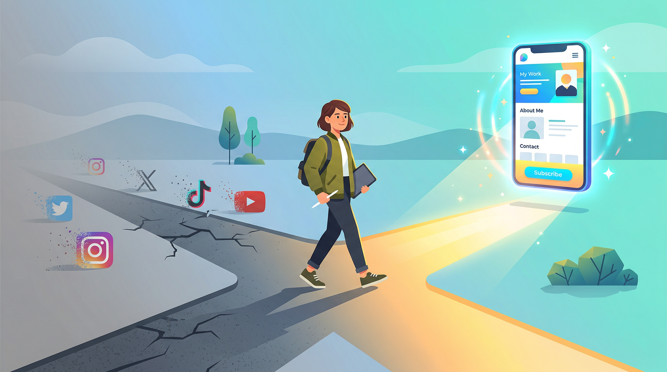 A creator at a crossroads choosing between fading social media icons and a bright personal hub page, illustrating the shift toward owned digital real estate