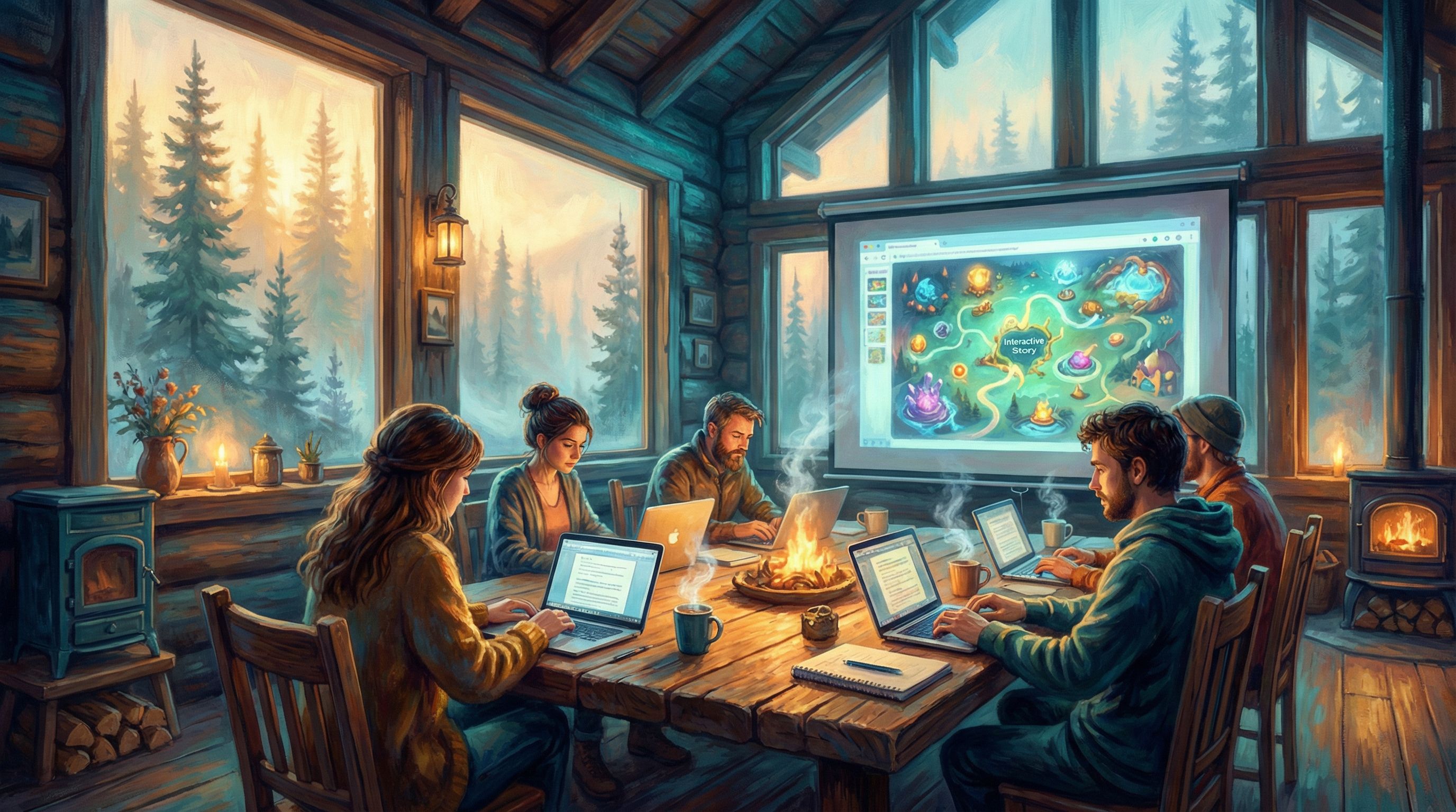 a rustic mountain writing retreat lodge with large windows, writers on laptops and notebooks around