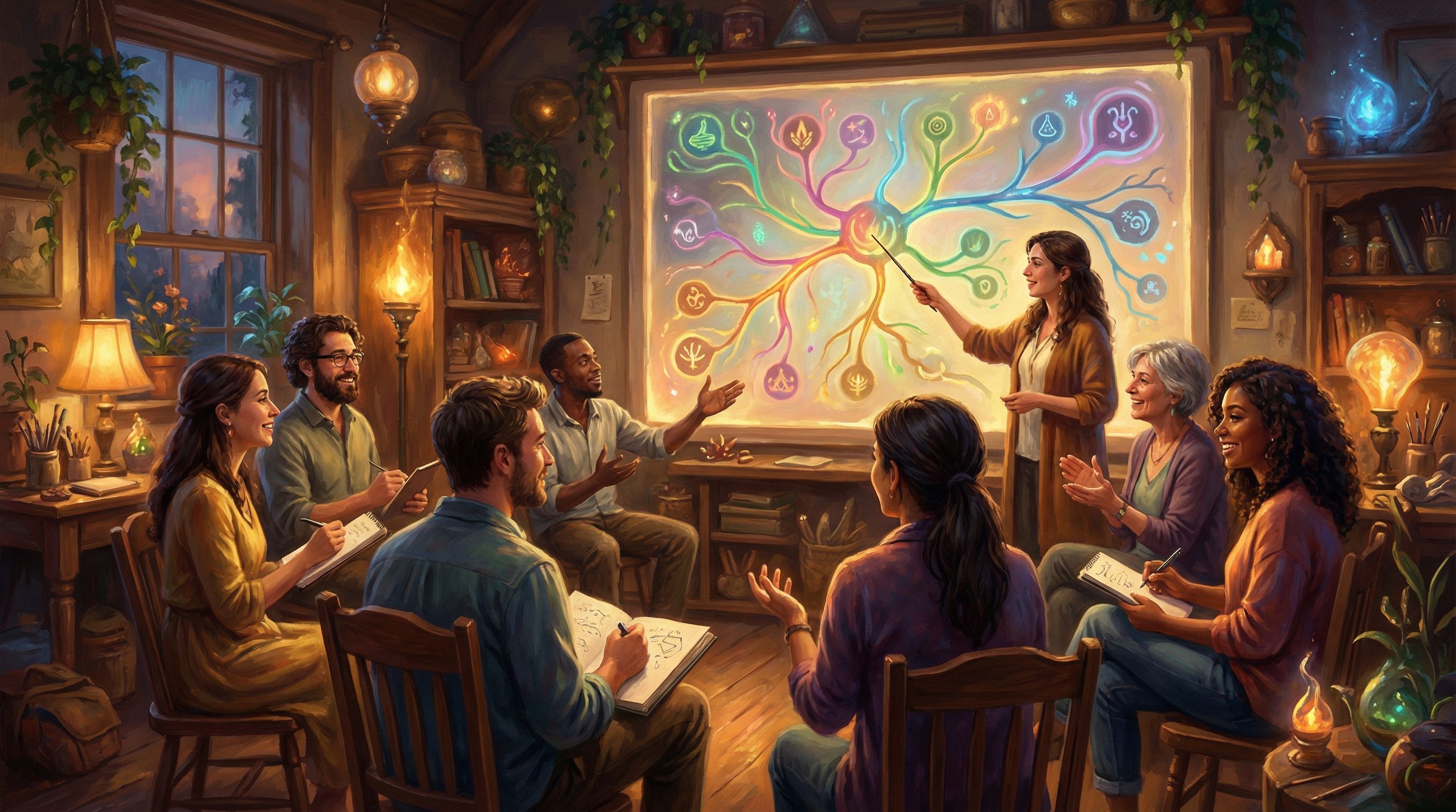 a cozy workshop room with a diverse group of adults gathered around a large screen showing a colorfu