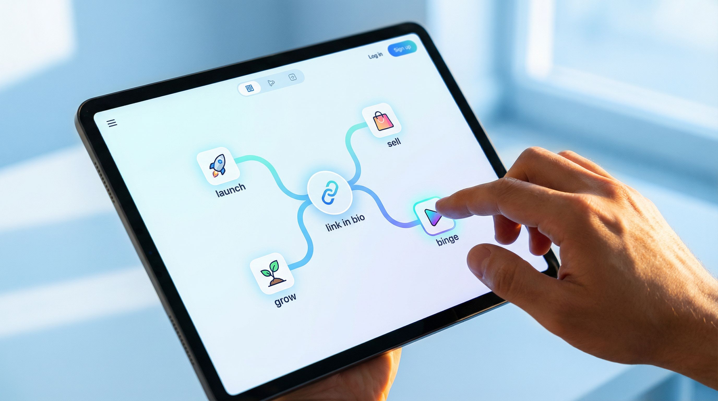 a flowchart-style illustration on a tablet screen showing a creator’s hand tapping through a colorfu