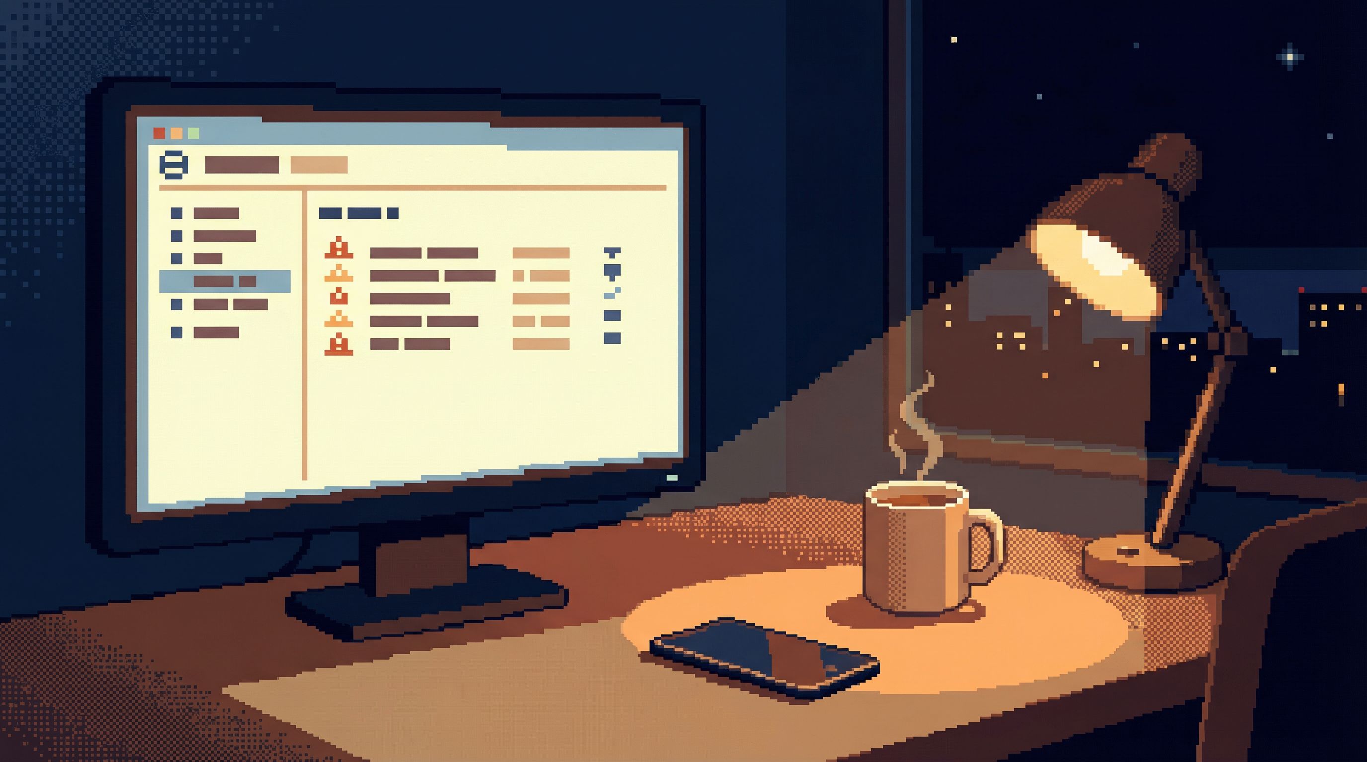 a dimly lit home office at night with a single monitor showing a calm, minimal database browser UI f