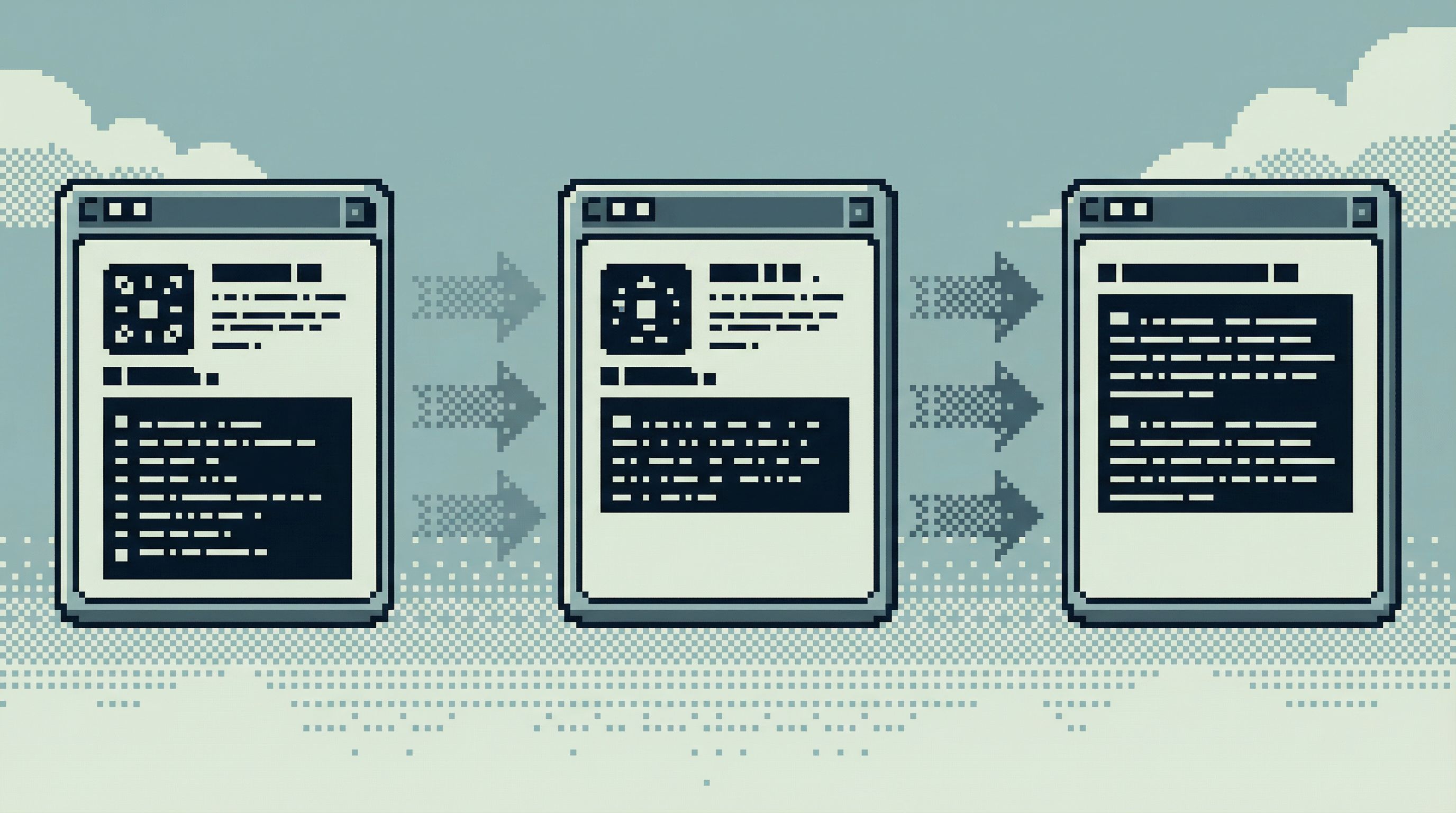 a clean sequence of three UI panels representing the same incident entity flowing from upstream to d