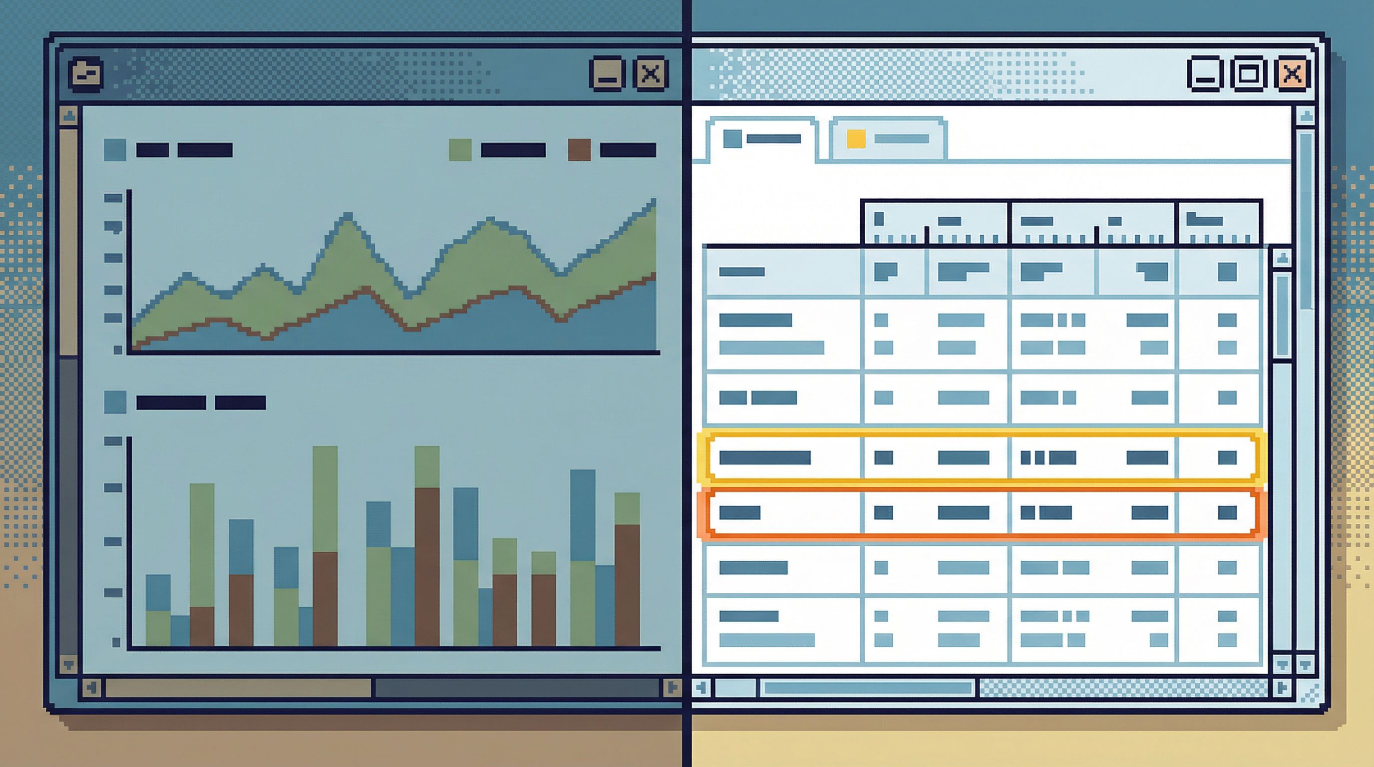 Side-by-side comparison graphic, left side showing a muted panel of line charts and bar graphs label