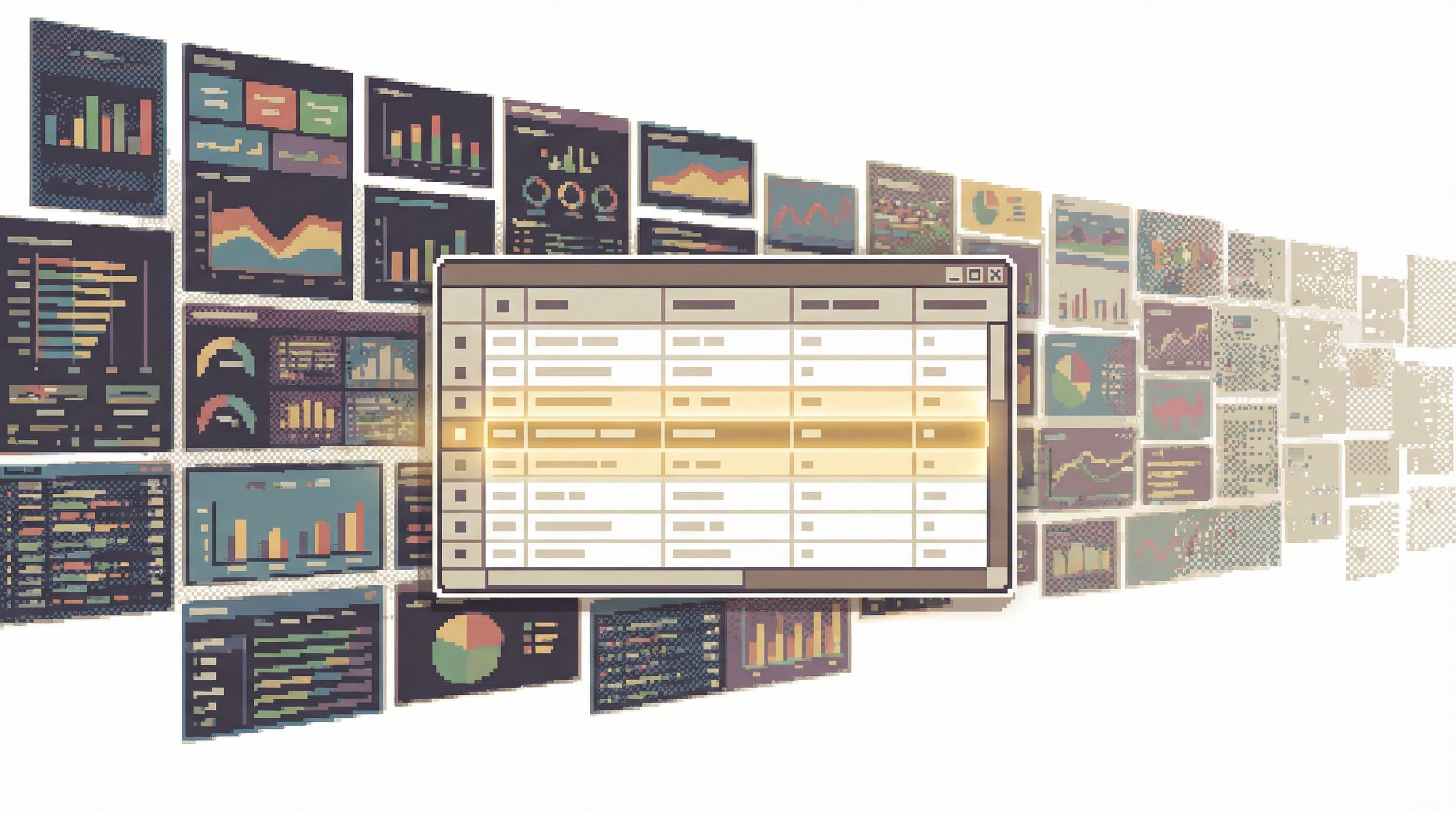 Calm, minimalist illustration of a cluttered wall of colorful dashboards fading into the background