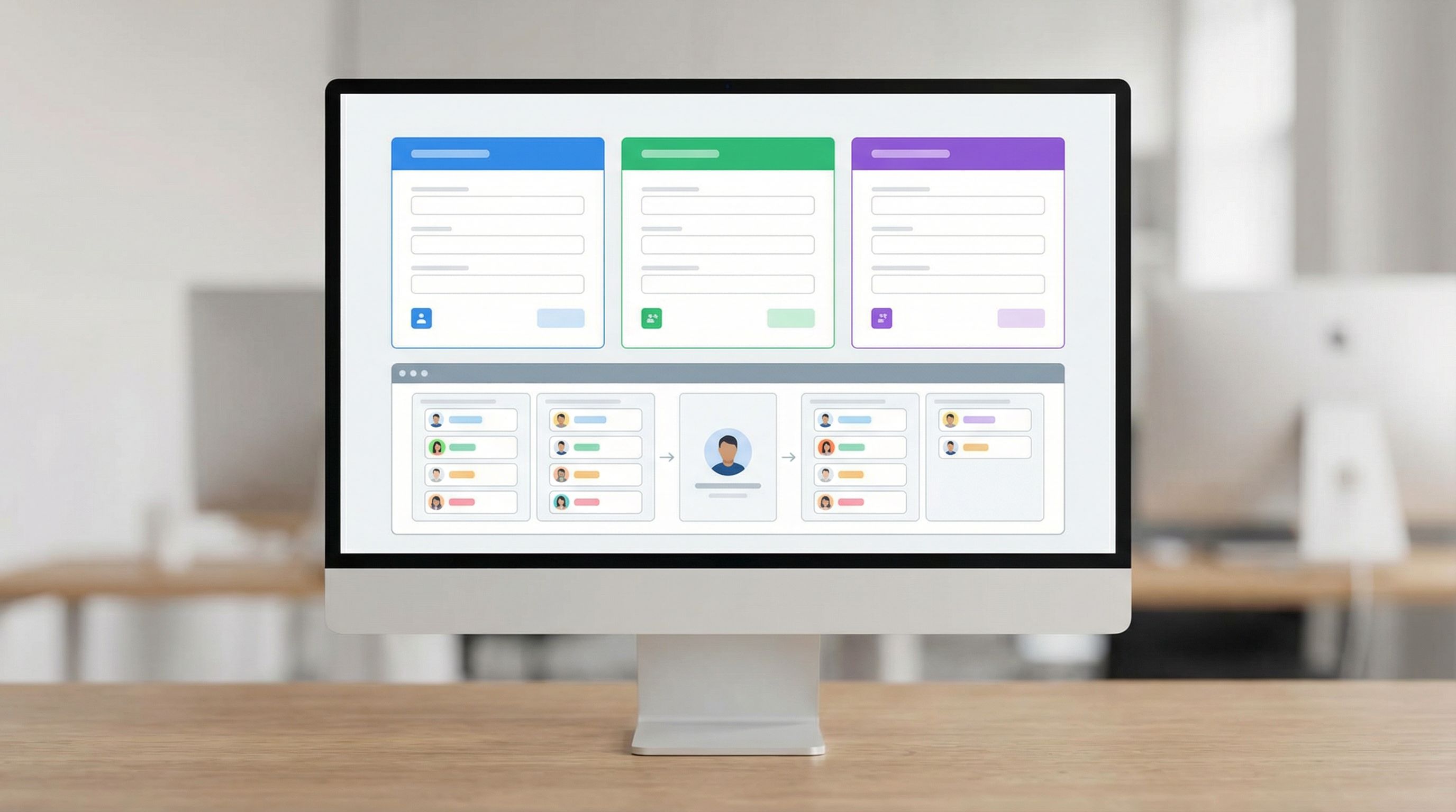 a modern SaaS-style UI mockup of multiple branded intake forms (sales, support, partnerships) each w