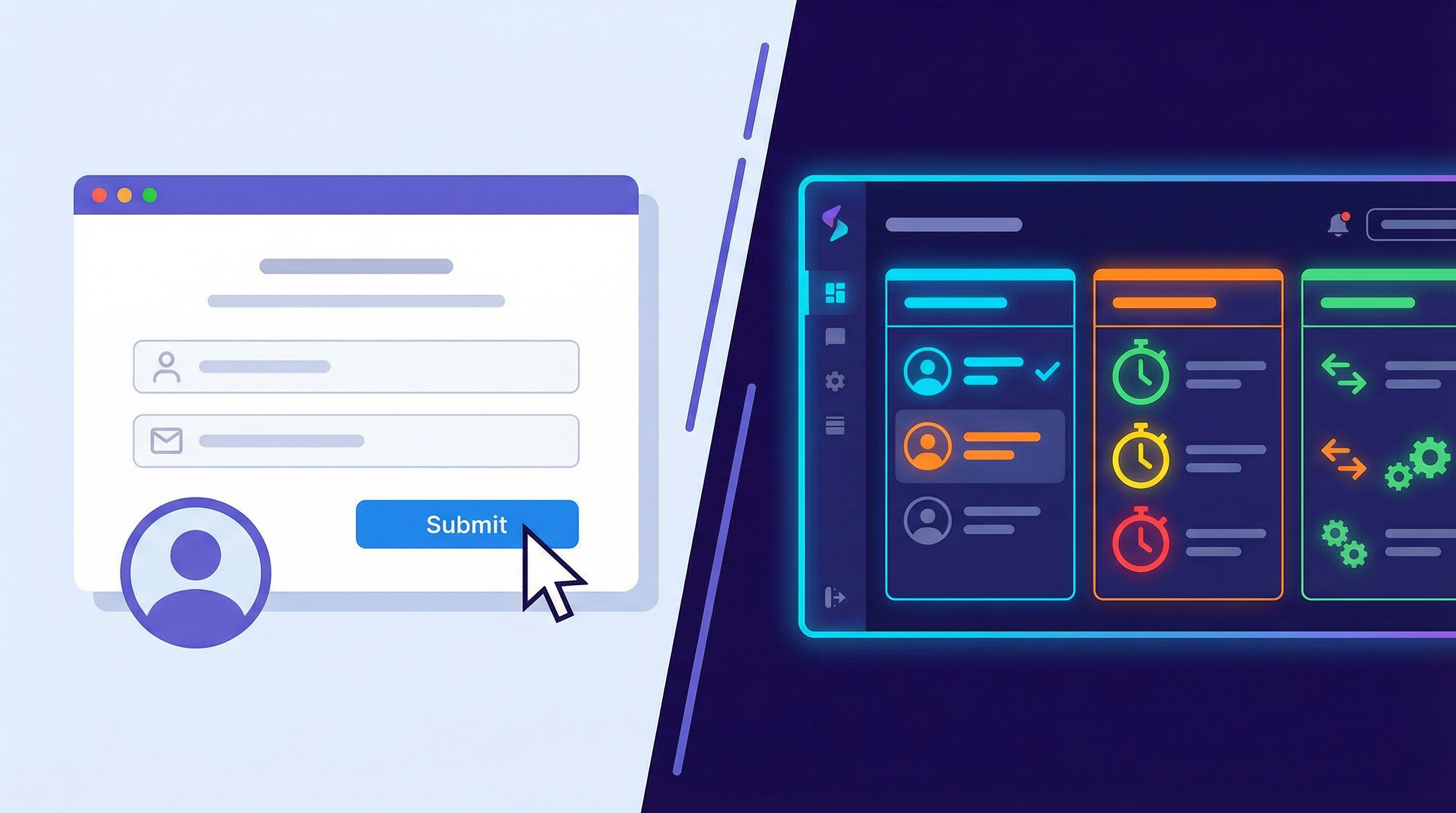 a split-screen illustration showing a user submitting a polished web form on the left and, on the ri