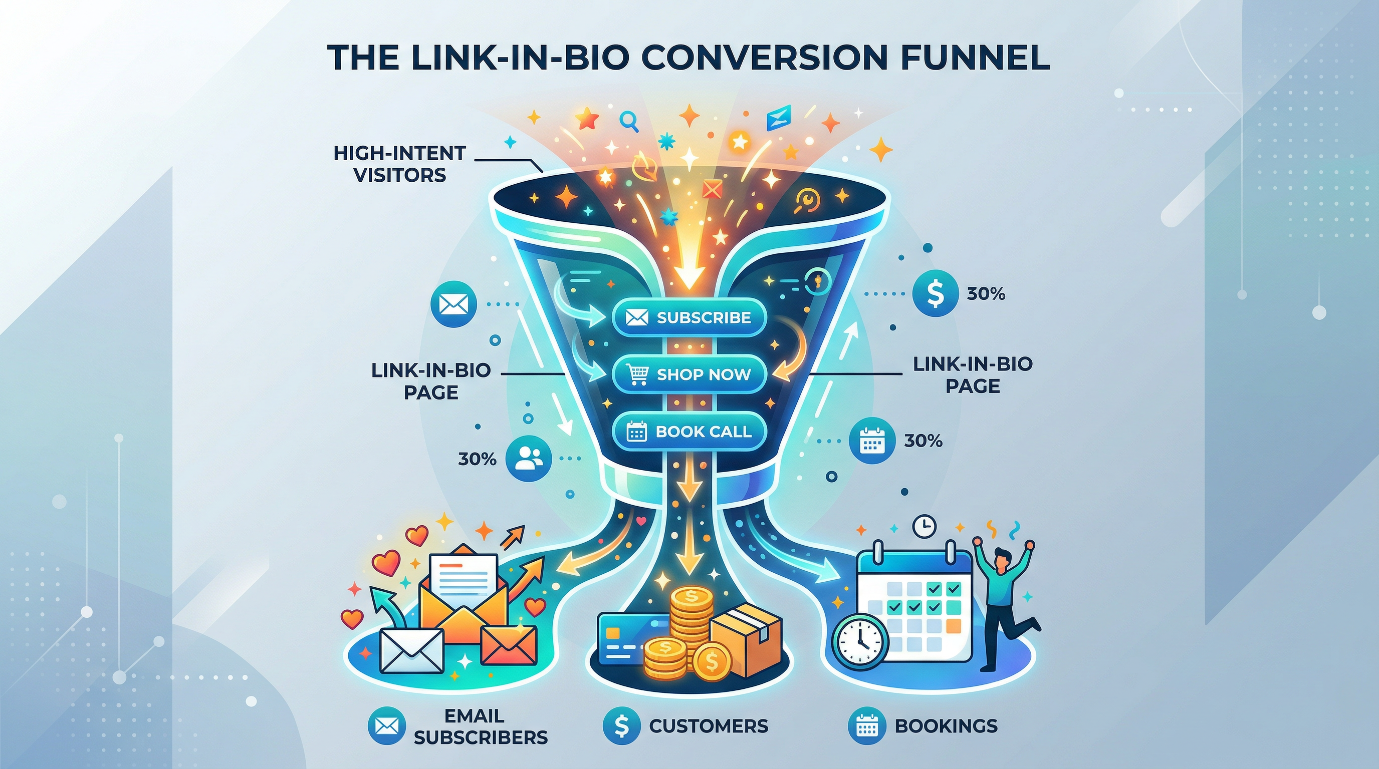 A funnel showing high-intent visitors flowing through a link-in-bio page with clear buttons, converting into subscribers, customers, and bookings