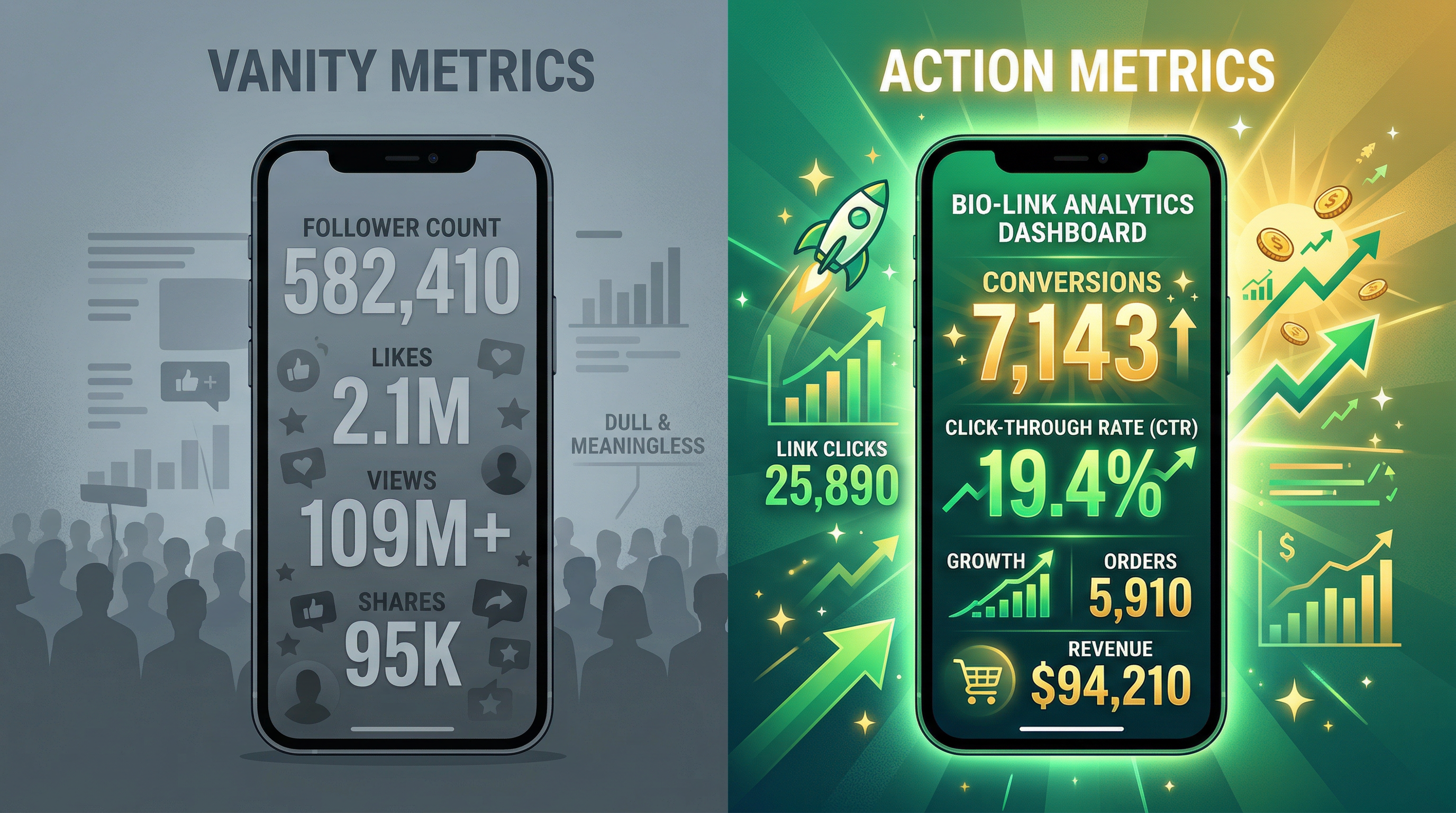 Two smartphones side by side: one showing vanity metrics like follower count in dull gray, the other showing a link-in-bio analytics dashboard with click-through rates glowing in vibrant green and gold