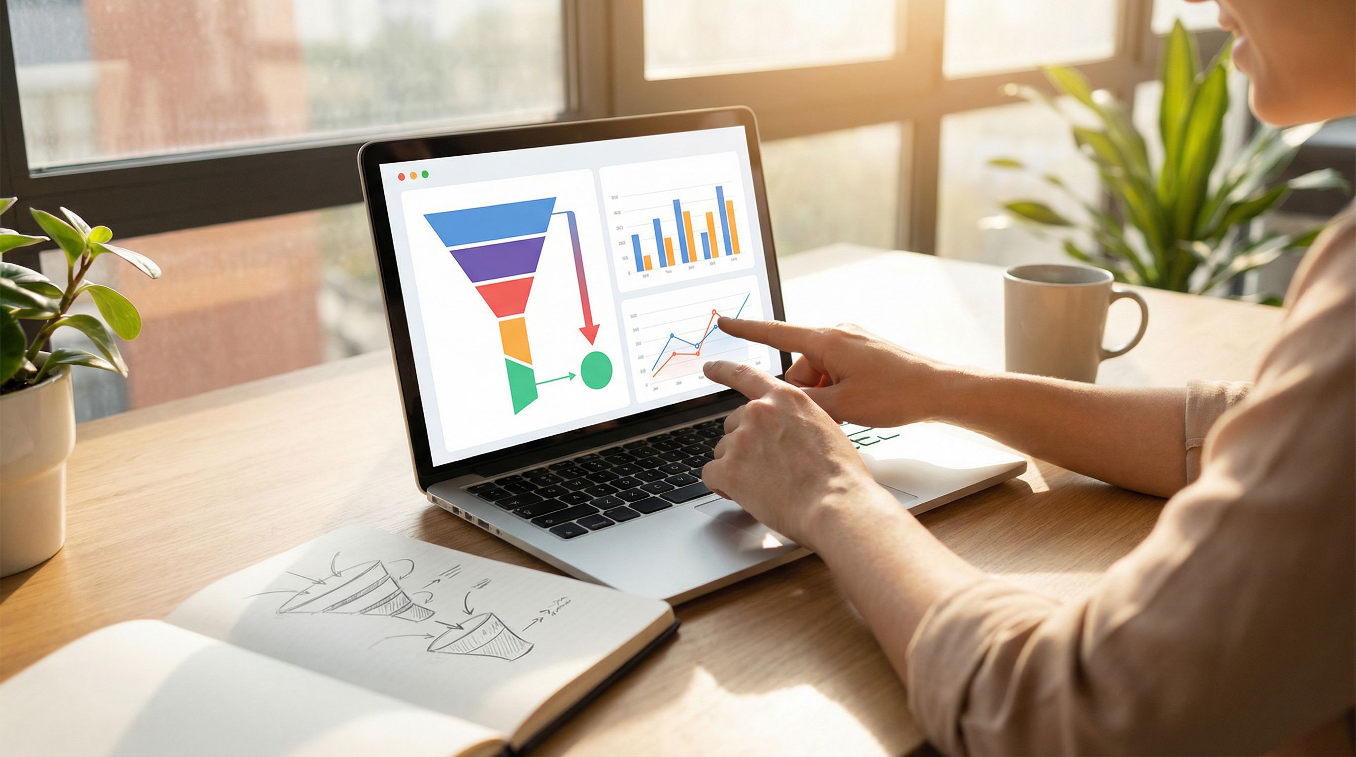 Clean product analytics dashboard on a laptop in a sunlit modern workspace, with charts showing funn